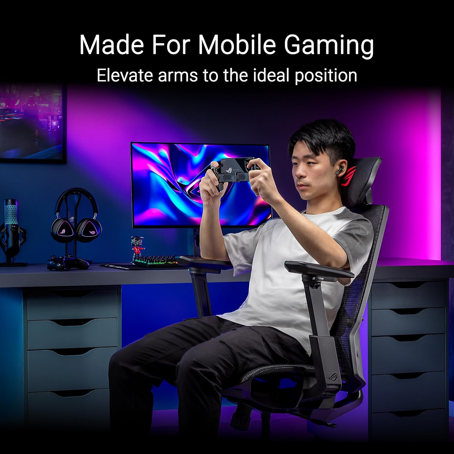 ASUS ROG Destrier Core Ergo Gaming Chair with Futuristic Cyborg Aesthetic, Versatile Seat Adjustments, Mobile Gaming Arm Support Mode, and Crafted from Durable Polyamide Nylon and Breathable Mesh image number 1