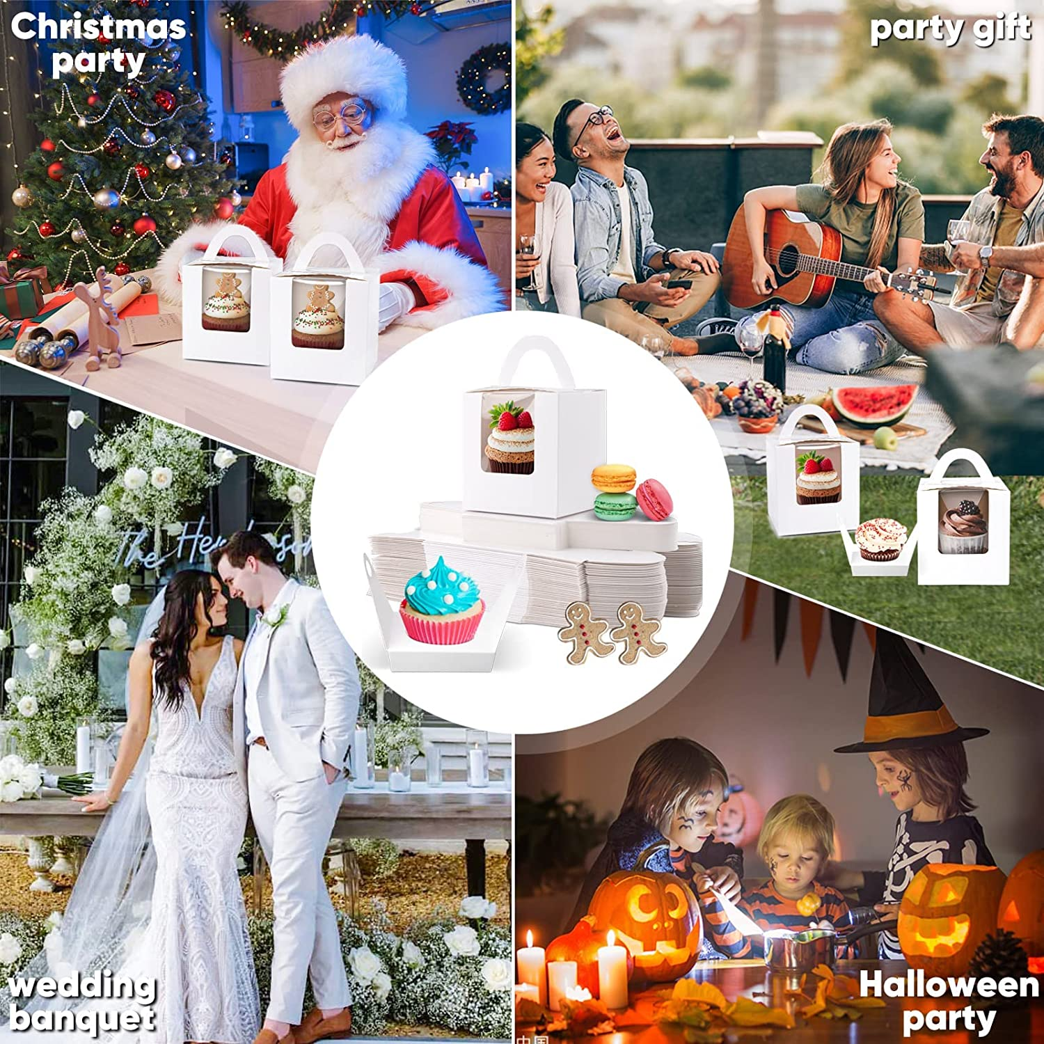 50 Pack Cupcake Boxes, White Individual Cupcake Containers Single Cupcake Boxes Cupcake Holder with Windows Handle and Inserts for Muffins Cocoa Bombs Packaging Baking Wrapping Birthdays Party image number 3