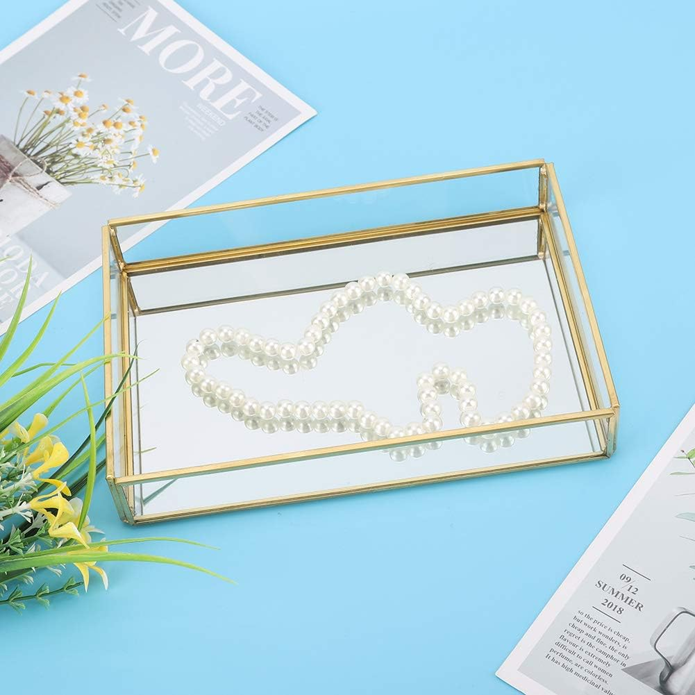 Haofy Vintage Mirror Tray Jewelry Cosmetics Display Boxes Metal Glass Storage Box Gold Tray Cosmetics Vanity Storage (S) image number 4