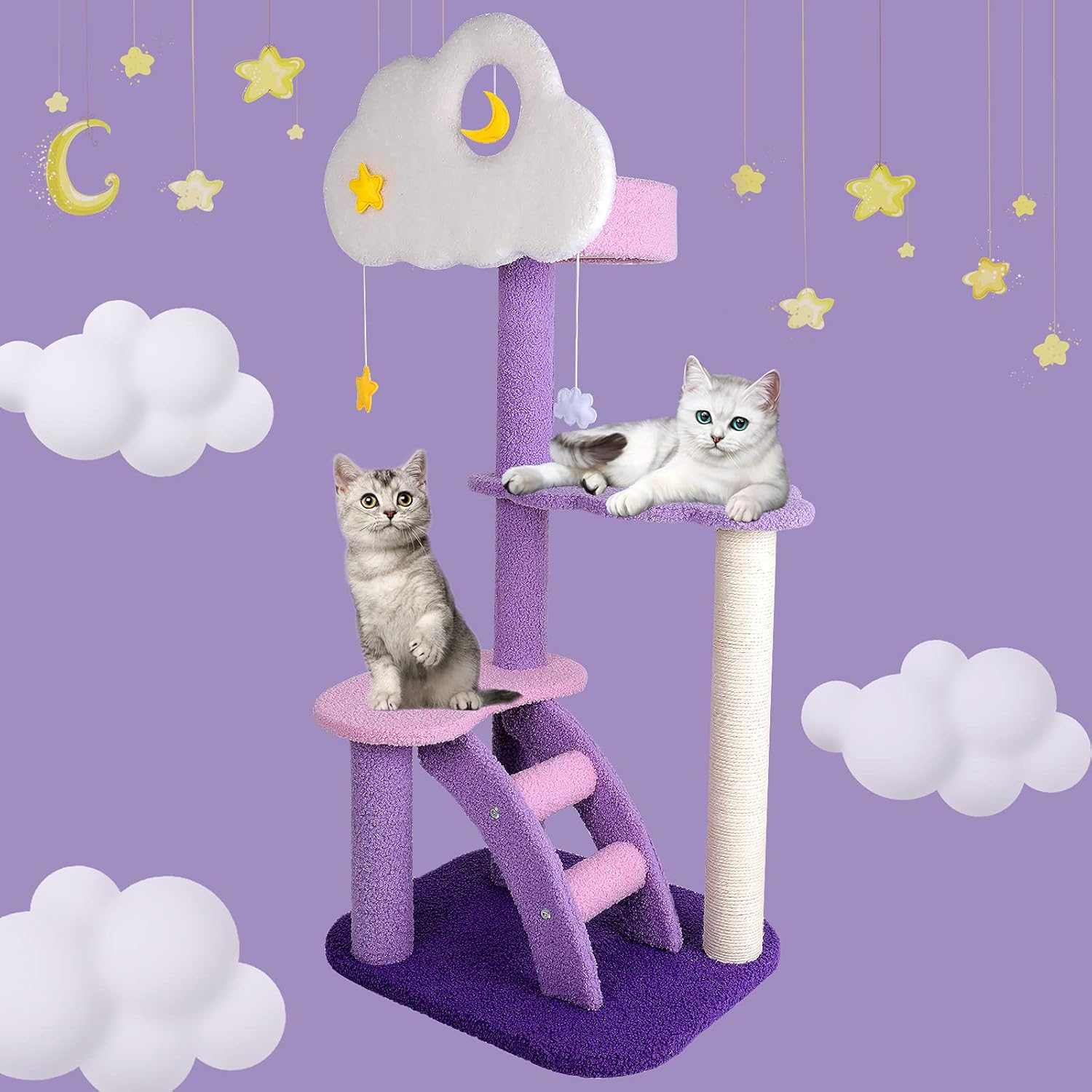 Lucky Monet 43 Inches Cat Tree Tower for Indoor Cats, 3-Layer Purple Cute Purple Pink Cat Tree Unique Cat Condo with Scratching Post image number 2