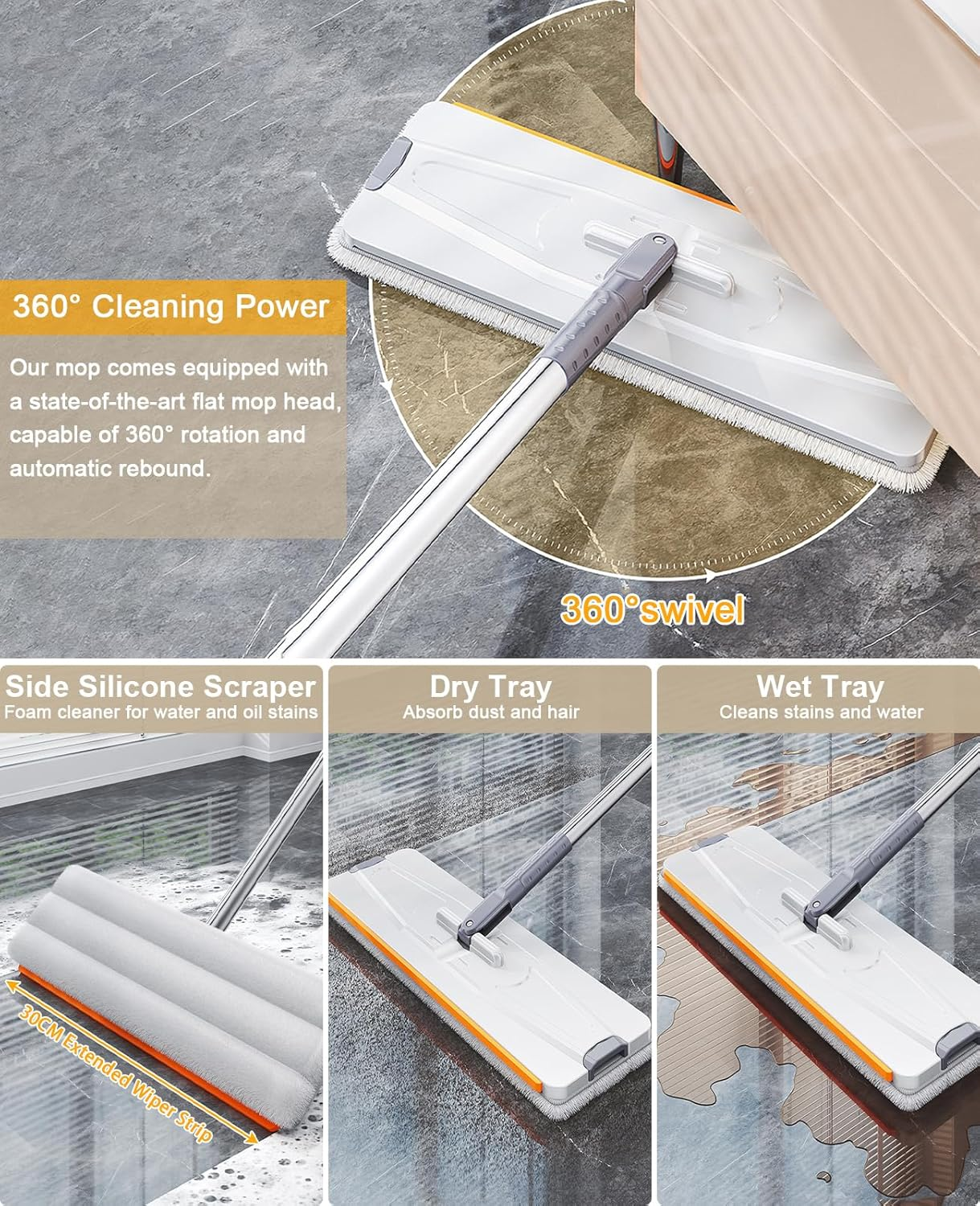 Mop and Bucket with Wringer Set, Flat Floor Mop and Bucket System with 6 Microfiber Pads, Hands Free Wet and Dry Use Mop Set, Long Handle Flat Mops for All Floor Types and Windows Cleaning image number 2