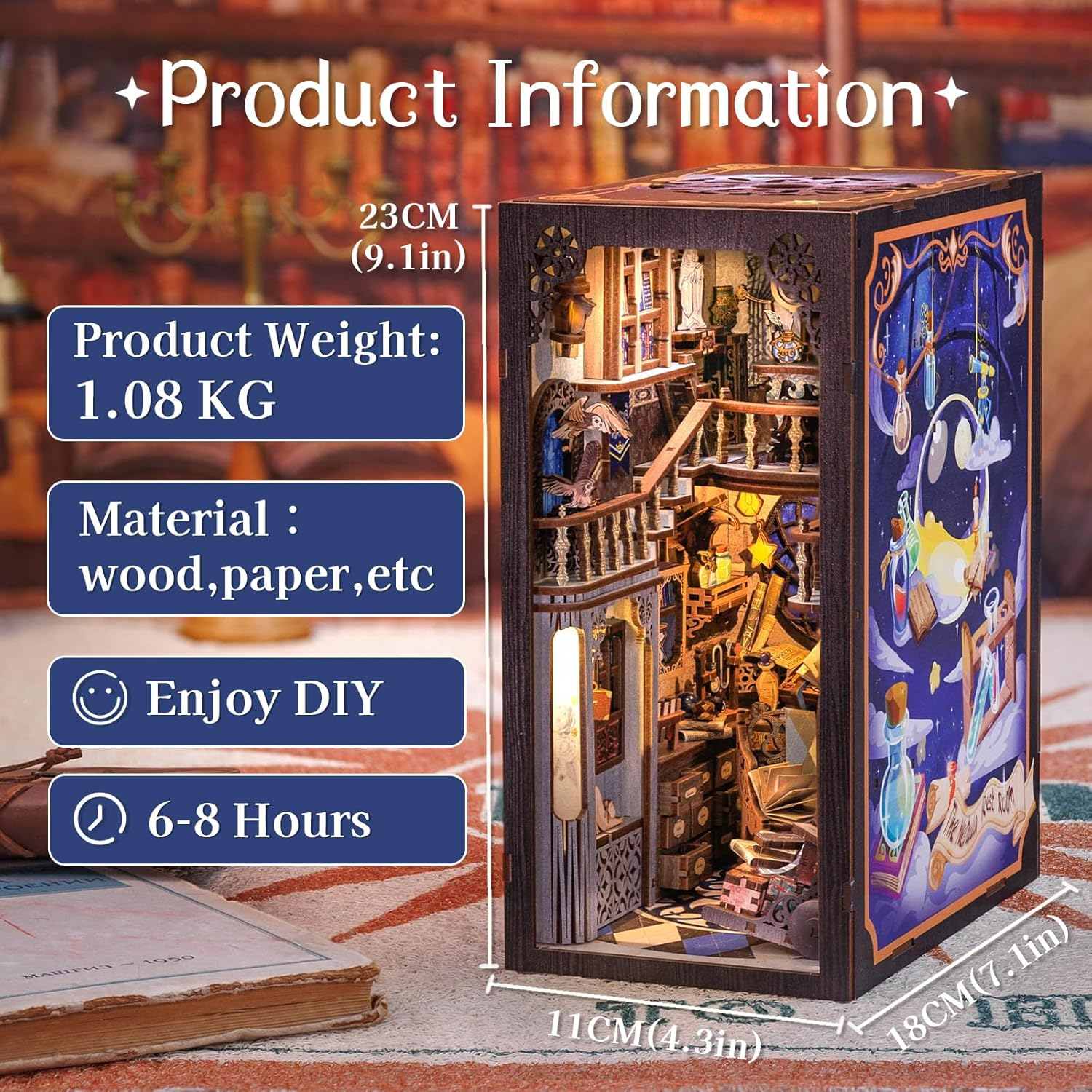 CUTEBEE DIY Book Nook Kit, 3D Wooden Puzzle Bookends DIY Dollhouse Miniature House Kit Bookshelf Decor Booknook Model Kit Book Nook Kits for Adults (Nebula Common Room) image number 1