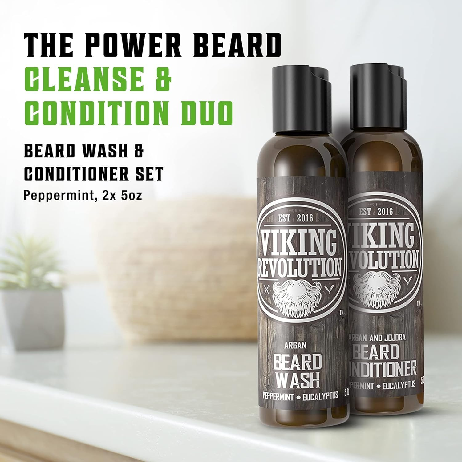 Best Deal Beard Wash & Beard Conditioner Set W/Argan & Jojoba Oils - Softens & Strengthens - Natural Peppermint and Eucalyptus Scent - Beard Shampoo W/Beard Oil 5Oz by Viking Revolution image number 4