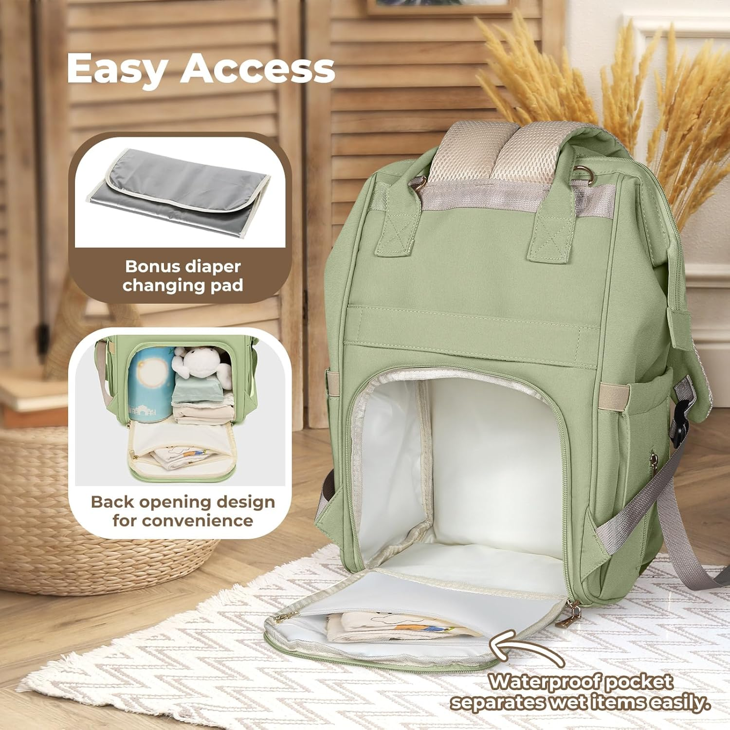 Bopeep Nappy Changing Bag, Multifunctional Waterproof Travel Diaper Bag Backpack with Diaper Changing Pad Baby Care Bag with Stroller Straps Baby Stuff Travel Backpack Green image number 6