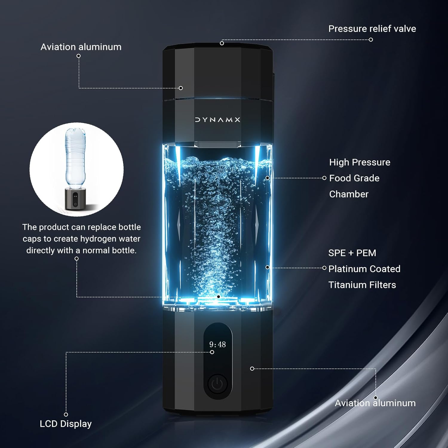 【6000PPB】 DYNAMX Hydrogen Water Bottle, Portable Hydrogen Generator, SPE/PEM Technology Hydrogenated Water Generator, Cutting-Edge Bottle,Black image number 4