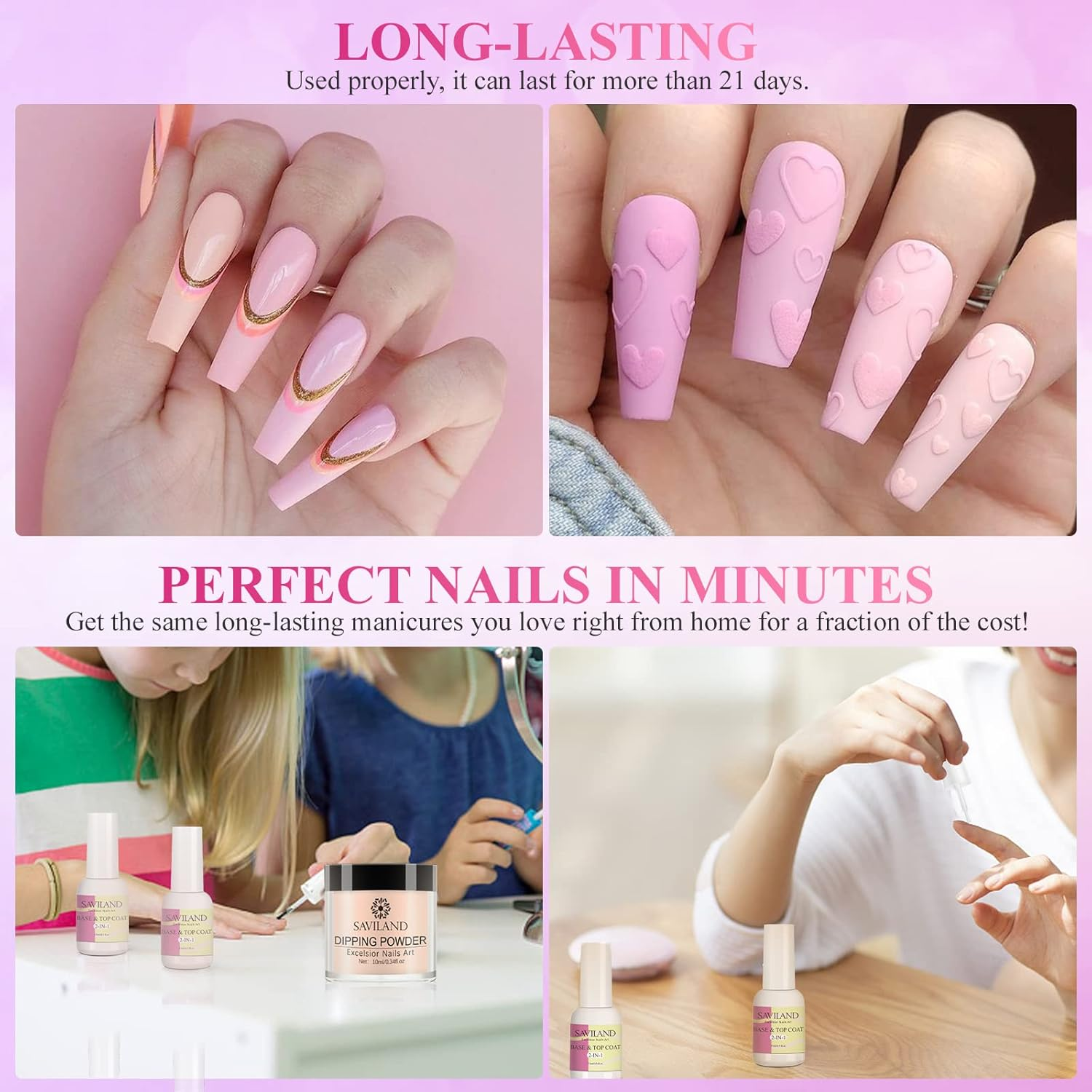 SAVILAND 17Pcs Dip Powder Nail Kit Starter: Nude Pink Nail Dip Powder Kit 10 Colors Dipping Powder with 15Ml 2-In-1 Base & Top Coat, Activator for Nail Repair, Salon Use, Home DIY, Gift for Ladies image number 5