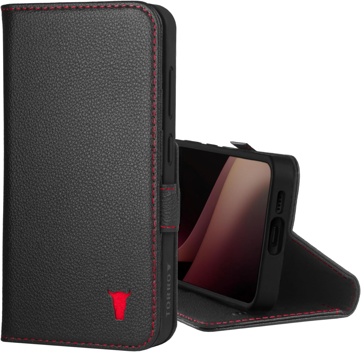 TORRO Case Compatible with Samsung Galaxy S24 5G &ndash; Premium Leather Wallet Case with Kickstand and Card Slots (Black with Red Detail) image number 4