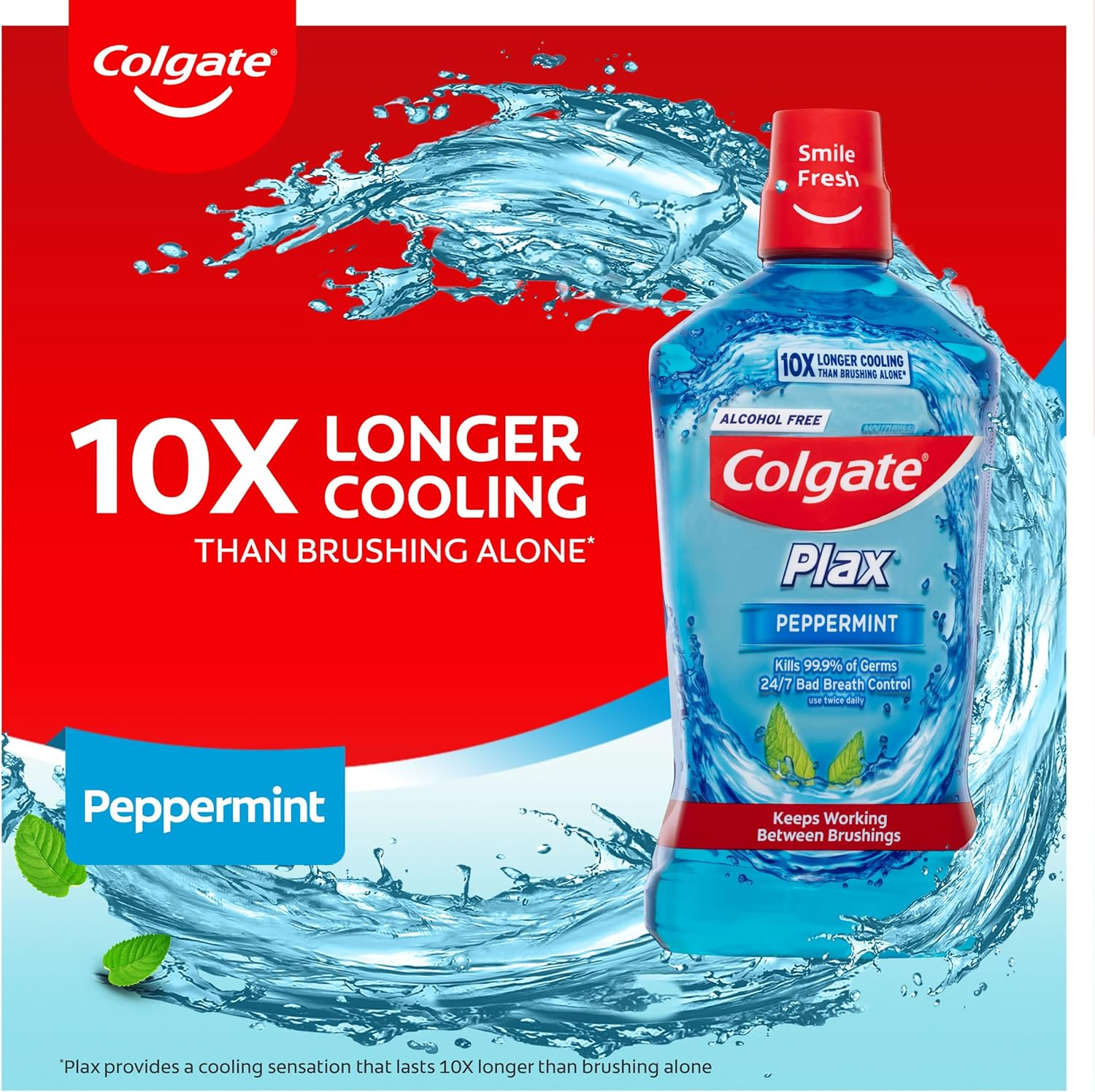 Colgate Plax Antibacterial Mouthwash 500Ml, Peppermint, Alcohol Free, Bad Breath Control image number 4
