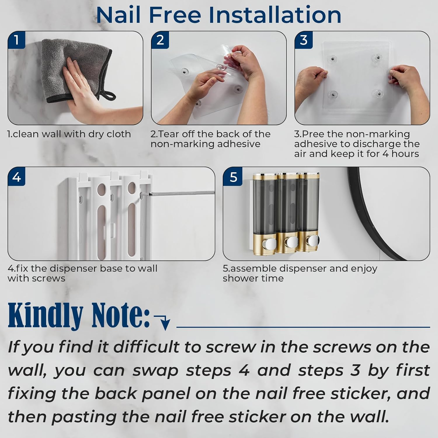 Pollock Shampoo Conditioner Dispenser Shower Soap Dispenser 3 Chamber No Drill Shampoo Dispenser for Shower Wall Mounted Shampoo Conditioner Body Wash Dispenser for Bathroom Hotel Gold image number 2