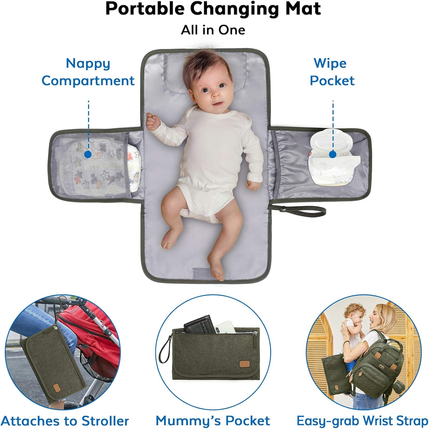 Dikaslon Changing Bag Backpack, Large Nappy Back Pack Multifunction Baby Bags with Portable Changing Mat, Pacifier Holder, and Stroller Straps, for Mom and Dad image number 5