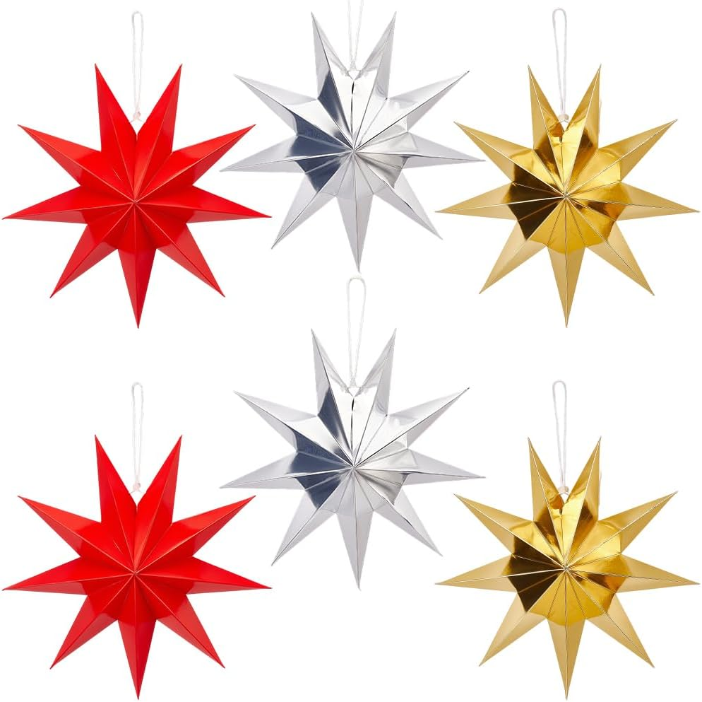 GORGECRAFT 6Pcs 3 Colors Paper Star Lanterns Gold Silver Red Nine Pointed Stars Winter Holiday Christmas Xmas Hanging Lampshade Lantern Decorations for Wedding Birthday Party Home Decor image number 2