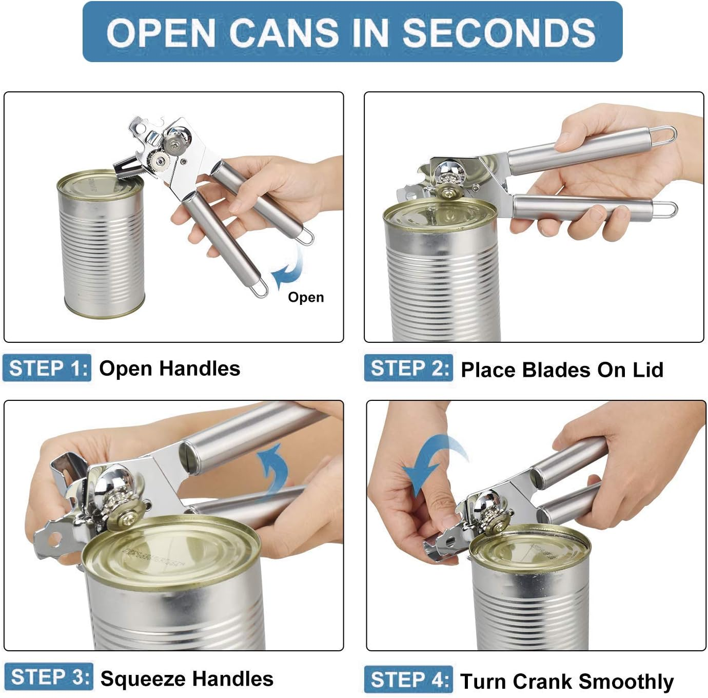 Can Opener, Elifeapply Stainless Steel Can Opener Manual, Heavy Duty, Smooth Edge, Silver image number 3