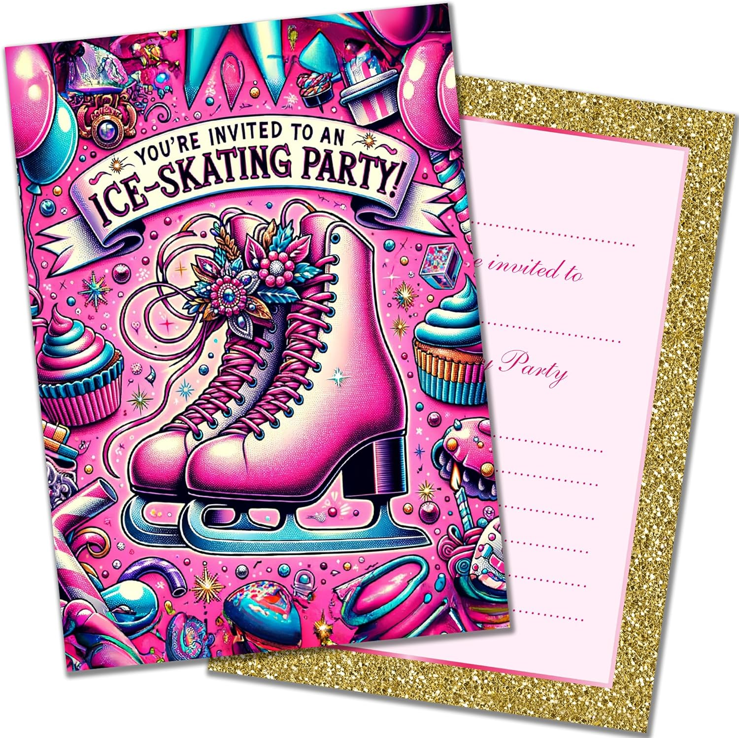 PACK 20 Ice Skating Party Invitations with Envelopes &ndash; Artistic Pink Designs &ndash; Double Sided Cards &ndash; Designed and Printed in the UK image number 4