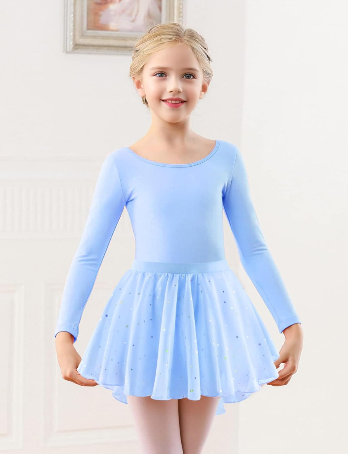 KEOYA Girls Dance Leotards Long Sleeve Ballet Outfits Dance Skirted Leotard Kids Ballet Tutu Dress for 3-11 Years