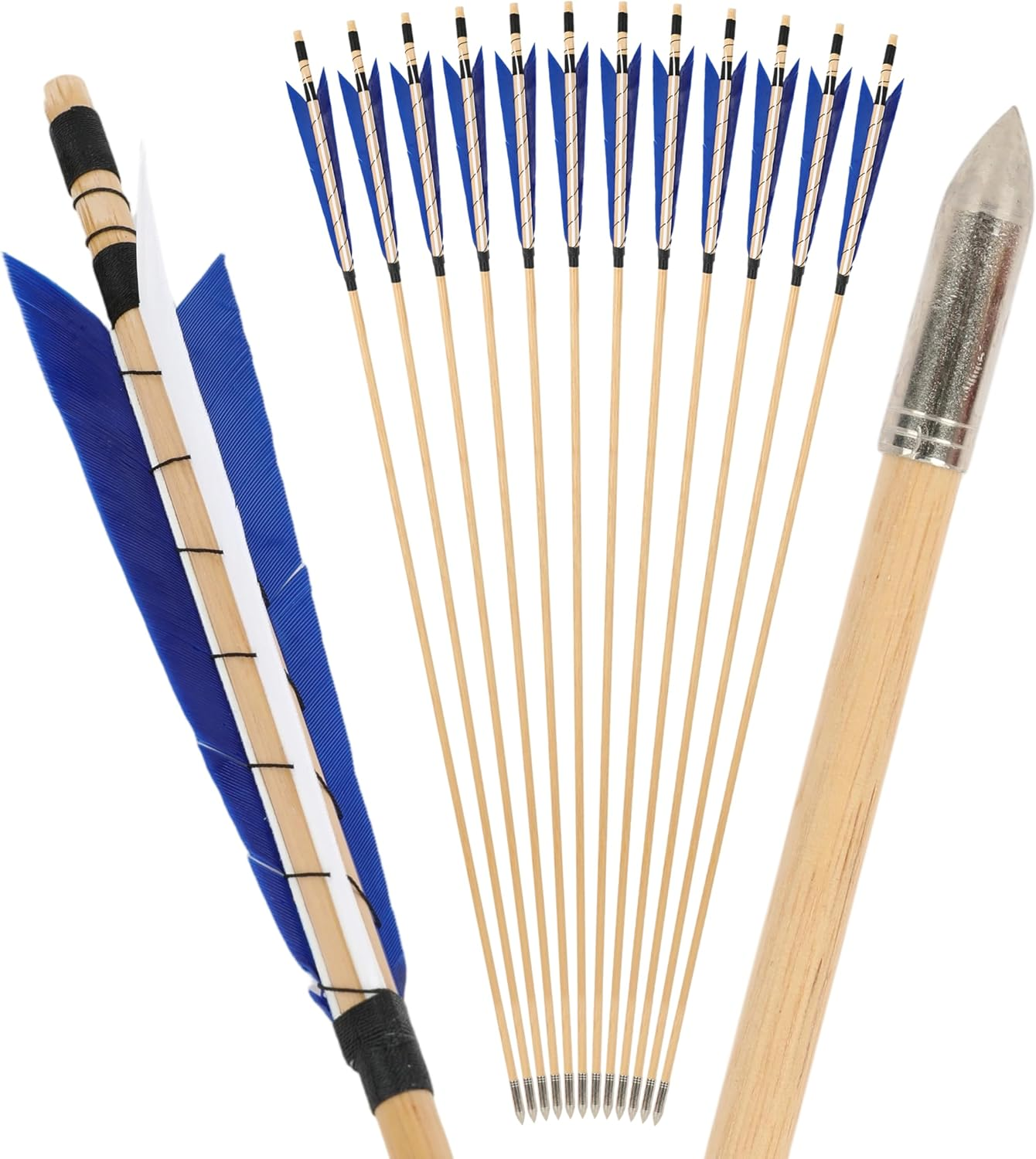 32 Inch Wooden Arrow English Longbow Arrow Target Pracrice Arrow Shaft with 5" Turkey Feather Fletching and Field Point for Recurve Bow Longbow Traditaonal Bow - 12Pcs, 2Blue1White