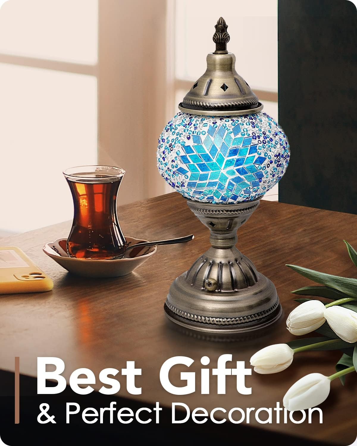 Yarra-Decor Turkish Moroccan Lamp with Bronze Base Handmade Tiffany Mosaic Glass Lamps Portable Bedside Rechargeable Battery 2000Mah (LED Bulb Included)(2) Blue2 image number 2