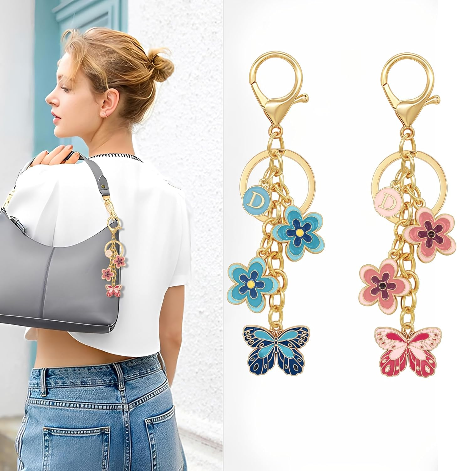 Yeeyeow Cute Initial Letter Flower and Butterfly Keychain for Women Purse Charms Bag Charms for Handbag Backpack image number 6