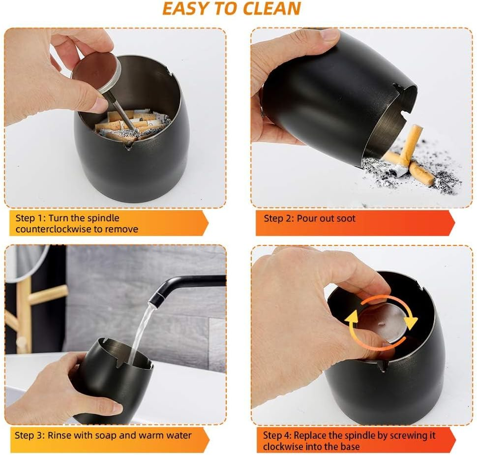 Large Outdoor Ashtray with Lid, Black Stainless Steel, High Capacity Smokeless Design, Windproof Covered, Odor Proof for Patio Home Office Tabletop image number 5