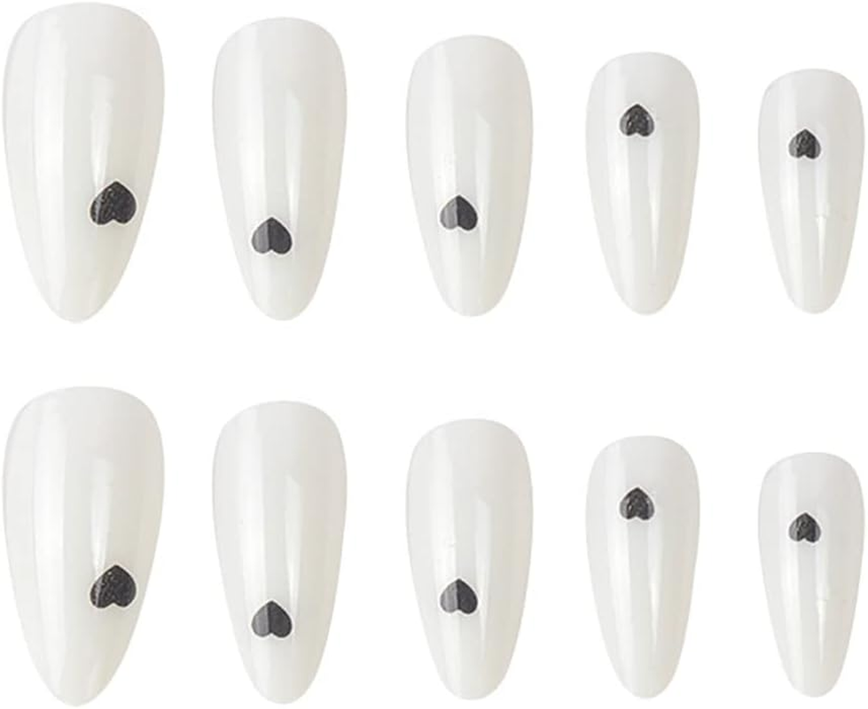 Rikview Almond Press on Nails Medium Length Fake Nails with Heart Design White & Clear Nails for Women and Girls image number 5