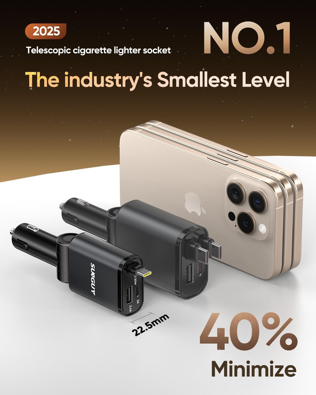 SUNGUY 3-In-1 Car Charger, Ultra-Compact Retractable, Fast Charging, 12/24V Cars, Charge 3 Devices Simultaneously, 80Cm Type-C Cable Compatible with I-Phone 16/15 Series, Ipad/Iwatch/Galaxy image number 6
