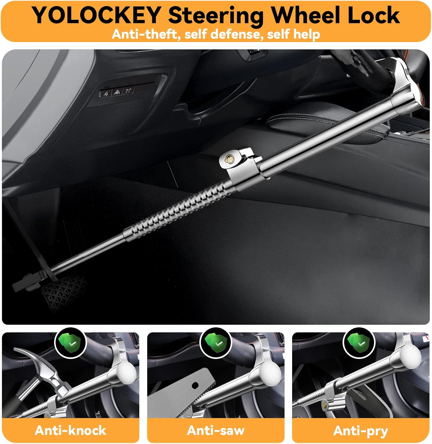 YOLOCKEY Universal Steering Wheel Lock Brake Lock Vehicle Anti-Theft Device Adjustable Length Clamp Double Hook Car Security Clutch Pedal Lock with 3 Keys for Car Truck SUV Van image number 2