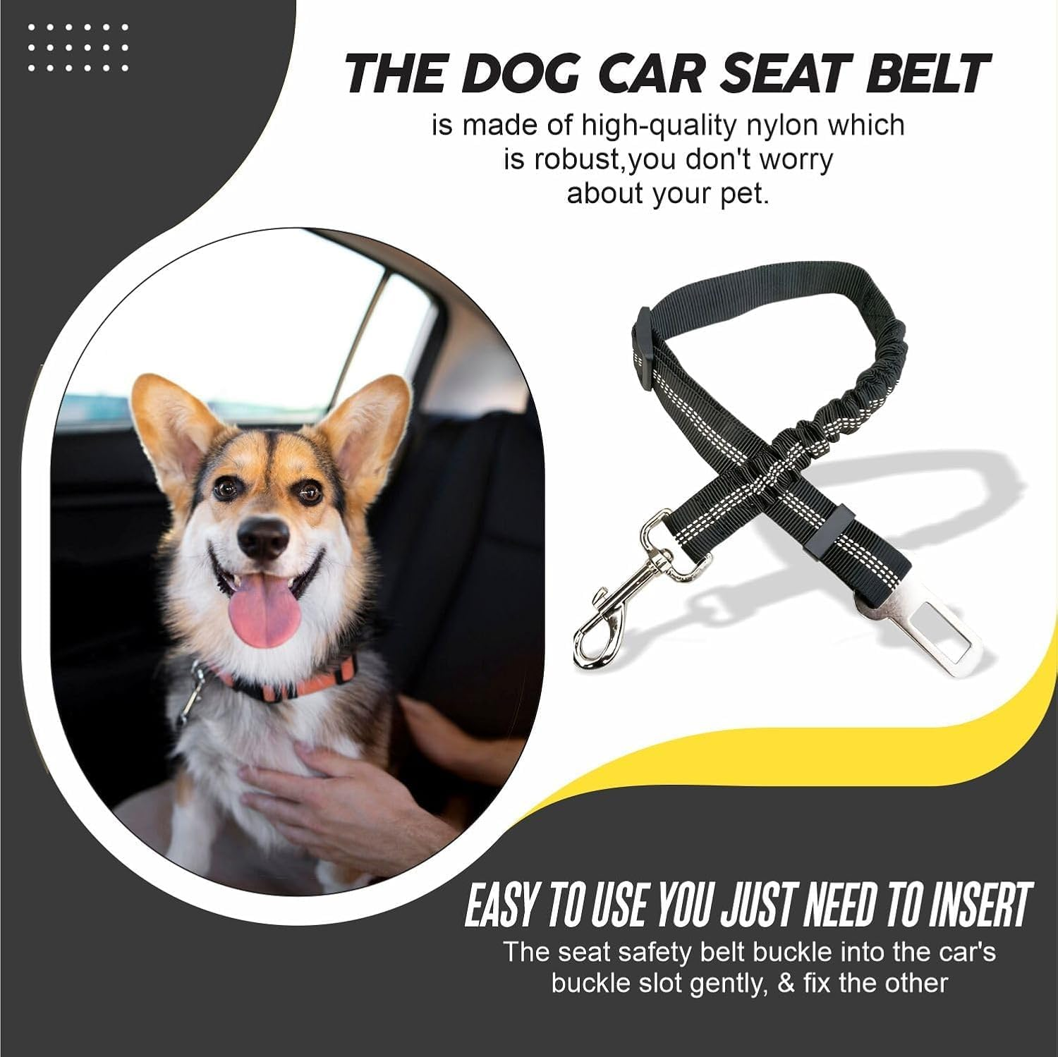 Dog Seat Belt,Adjustable Doggy Seat Belt with Elastic Bungee Buffer and Buckle Pet Vehicle Seatbelt Safety Lead Strong Dog Car Harness Puppy Travelling Leash Lead Travel Accessories (Black) image number 2