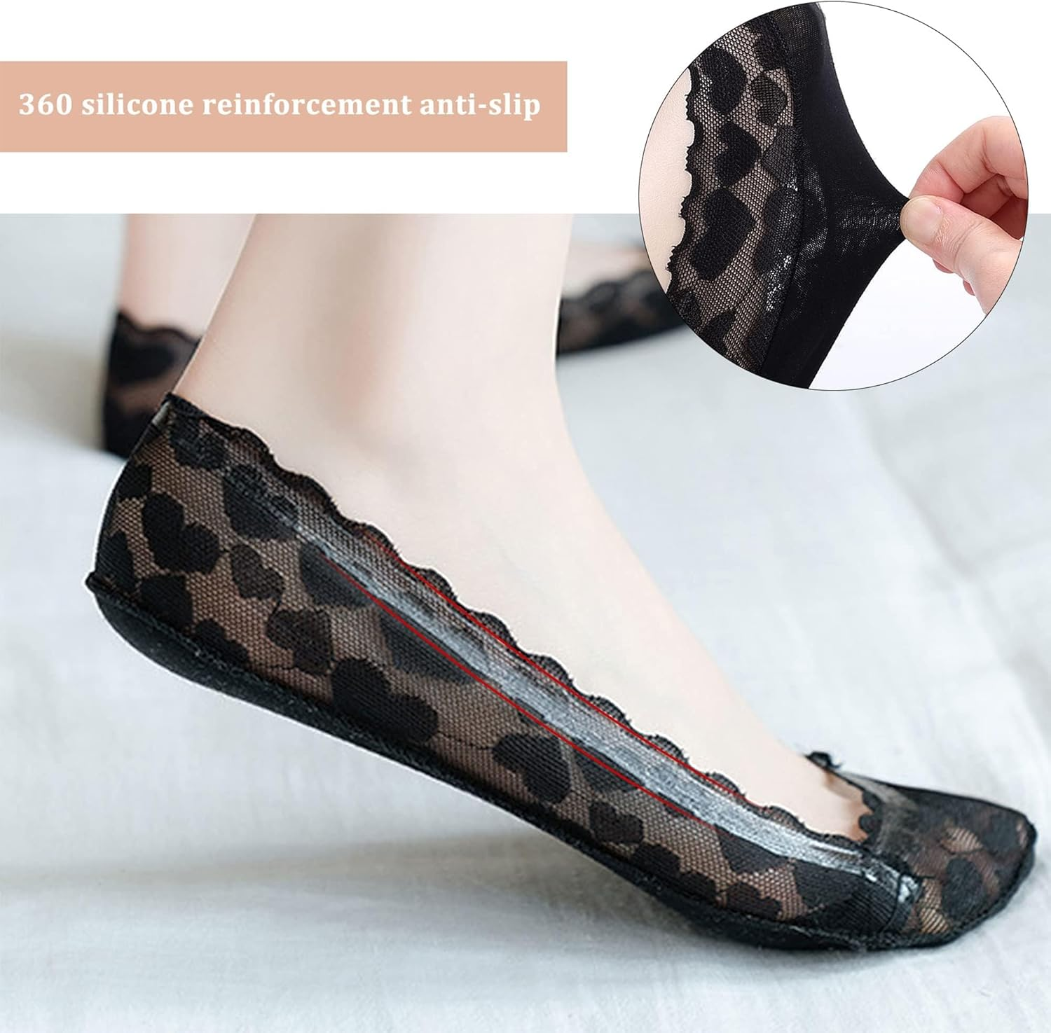 Women No Show Socks - 6 Pairs Non Slip Lace Invisible Socks, Ultra Low Cut Liner Socks Lace Boat Socks for Sneakers High-Heel Shoes - Flower-3Beige3Black image number 3