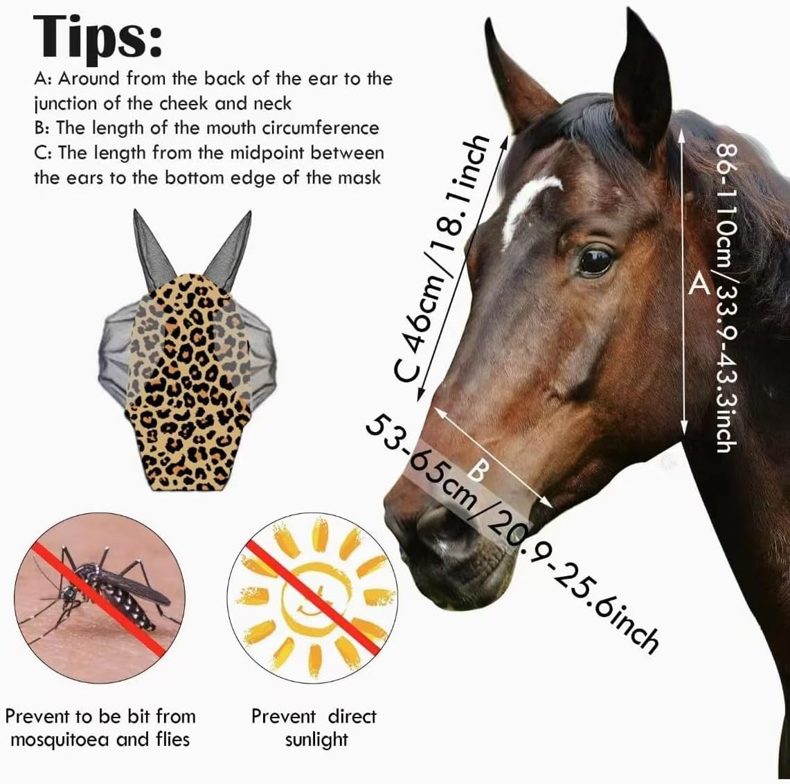 Stretchy Horse Fly Mask with Ears Comfort Fit Mesh Trail Pasture Sun UV Protection (Leopard Print, One Size) image number 2