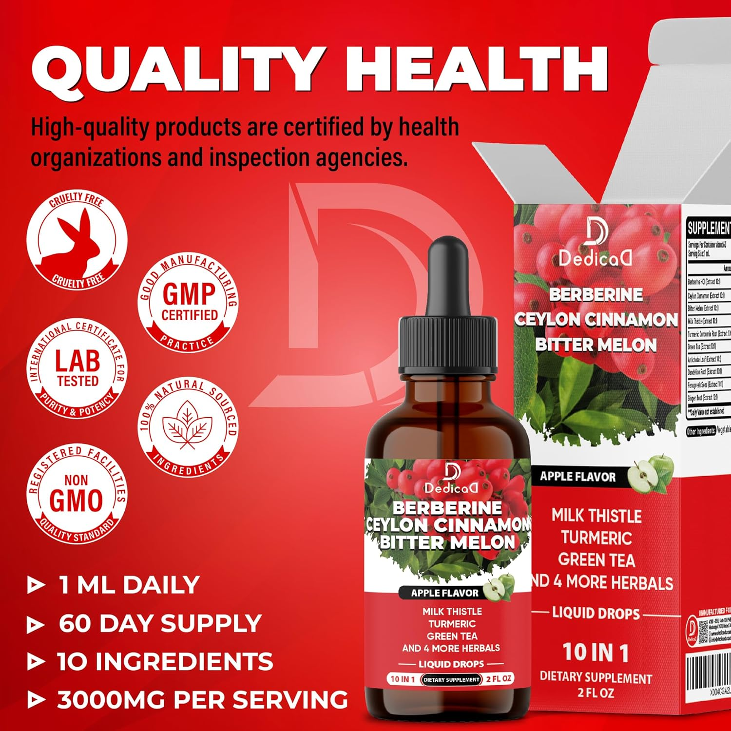 DEDICAD 10In1 Berberine Hcl Drops - Liposomal Berberine Liquid - Activator Berberine with Ceylon Cinnamon, Bitter Melon, and 7 More - 60Ml image number 3