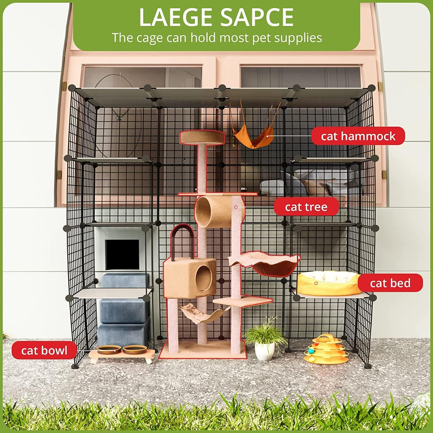 Eiiel Outdoor Cat House Cat Cages Enclosure with Super Large Enter Door, 55.1L X 27.6W X 55.1H Balcony Cat Playpen with Platforms,Diy Kennels Crate Large Exercise Place Ideal for 1-4 Cats image number 6