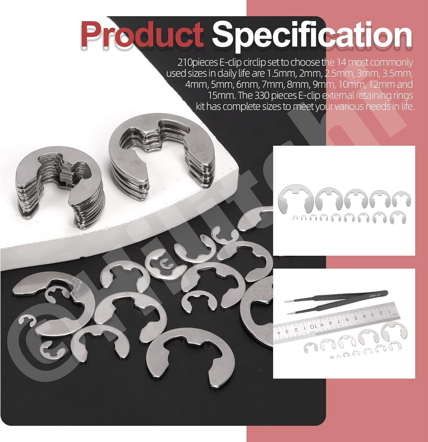 Hilitchi 211Pcs 14 Sizes 304 Stainless Steel E Clip Assortment Kit External Retaining Ring Snap Ring E-Clip Circlip Split Ring with Tweezer for Machine Shaft Electrical Automobiles image number 4