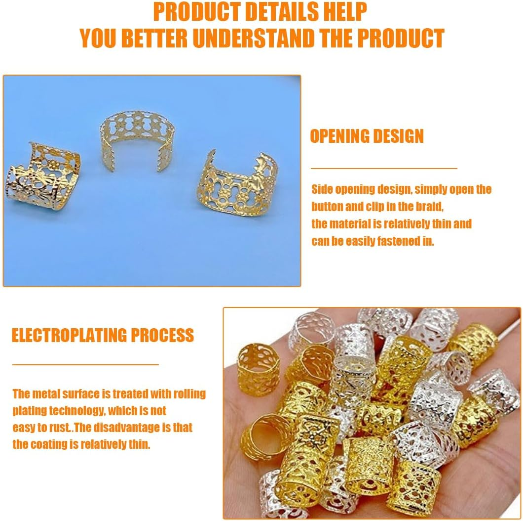 BEPSYOM Pack of 60 Aluminium Dread Lock, Metal Cuffs Dreadlocks, Hair Accessories, Braiding Hair Jewellery, Dreadlocks Accessories (Gold) image number 1