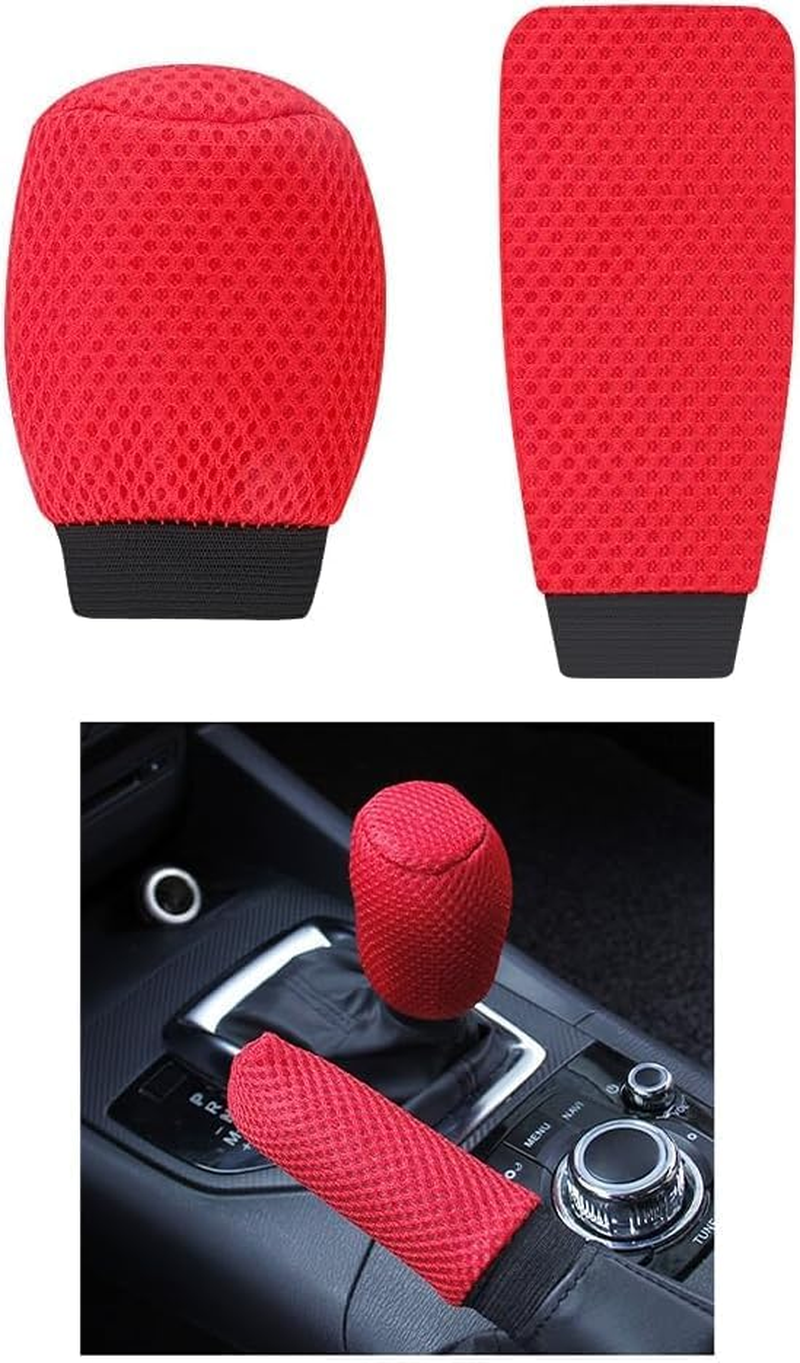 Car Gear Shift Cover + Handbrake Cover,Non-Slip & Breathable Shift Knob Cover Emergency Brake Cover,Universal Car Accessories (Red, One Size) image number 4