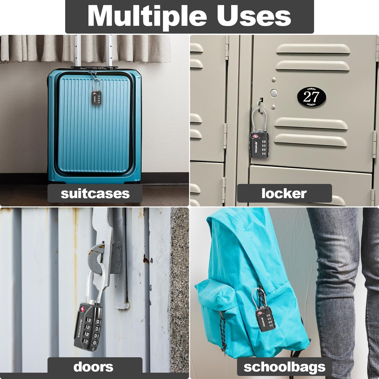 TSA Approved Cable Luggage Locks,Re-Settable Combination with Alloy Body,Tsa Approved Luggage Travel Lock for School Gym Locker, Luggage Suitcase Baggage Locks, Filing Cabinets(Black, 2 Pack) image number 2