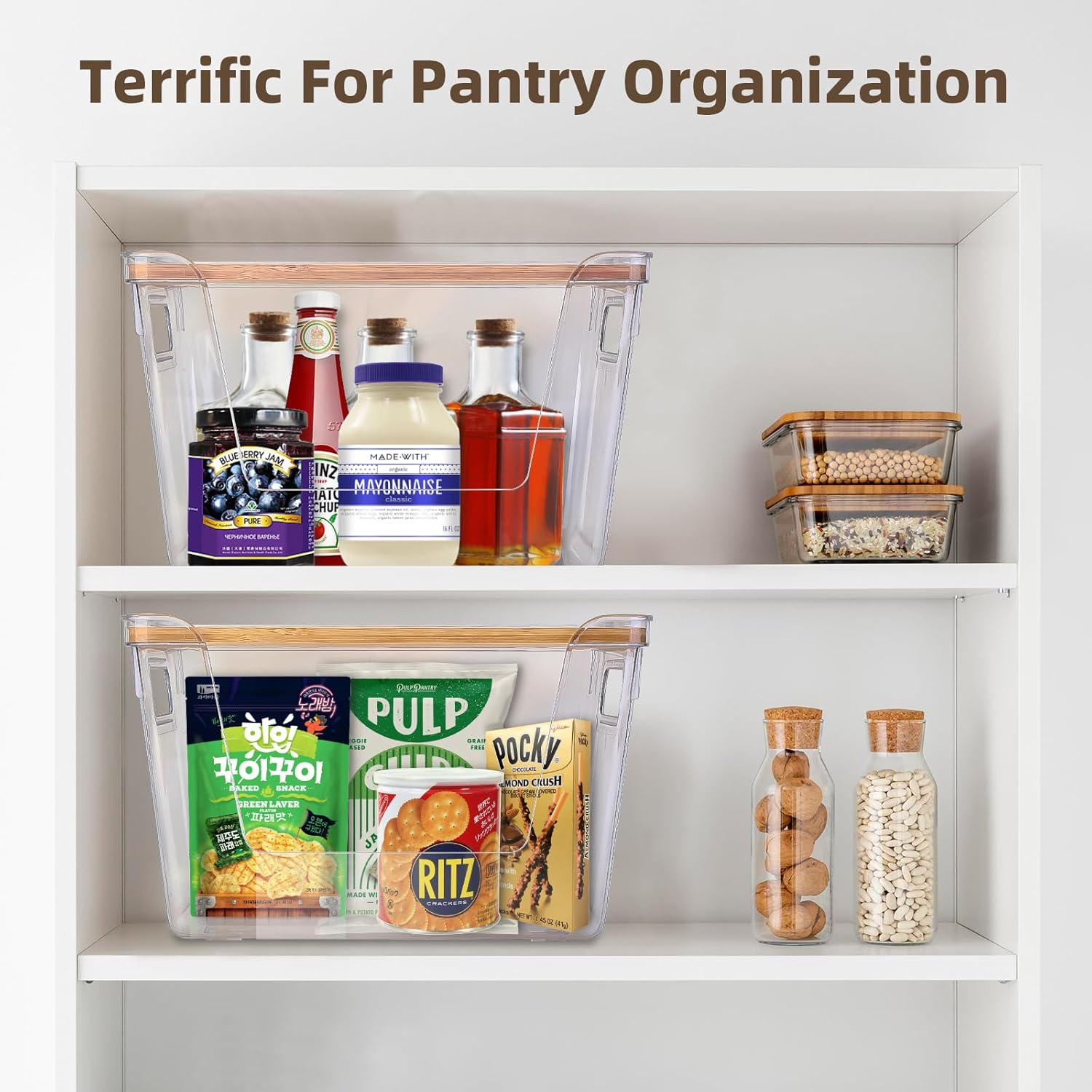 2 Set Pantry Organizers and Storage - Stackable Pantry Storage Bin Containers for Potato, Onion, Garlic, Fruit, Vegetable, Produce - Clear Front Open Kitchen Organization Baskets with Lid image number 1