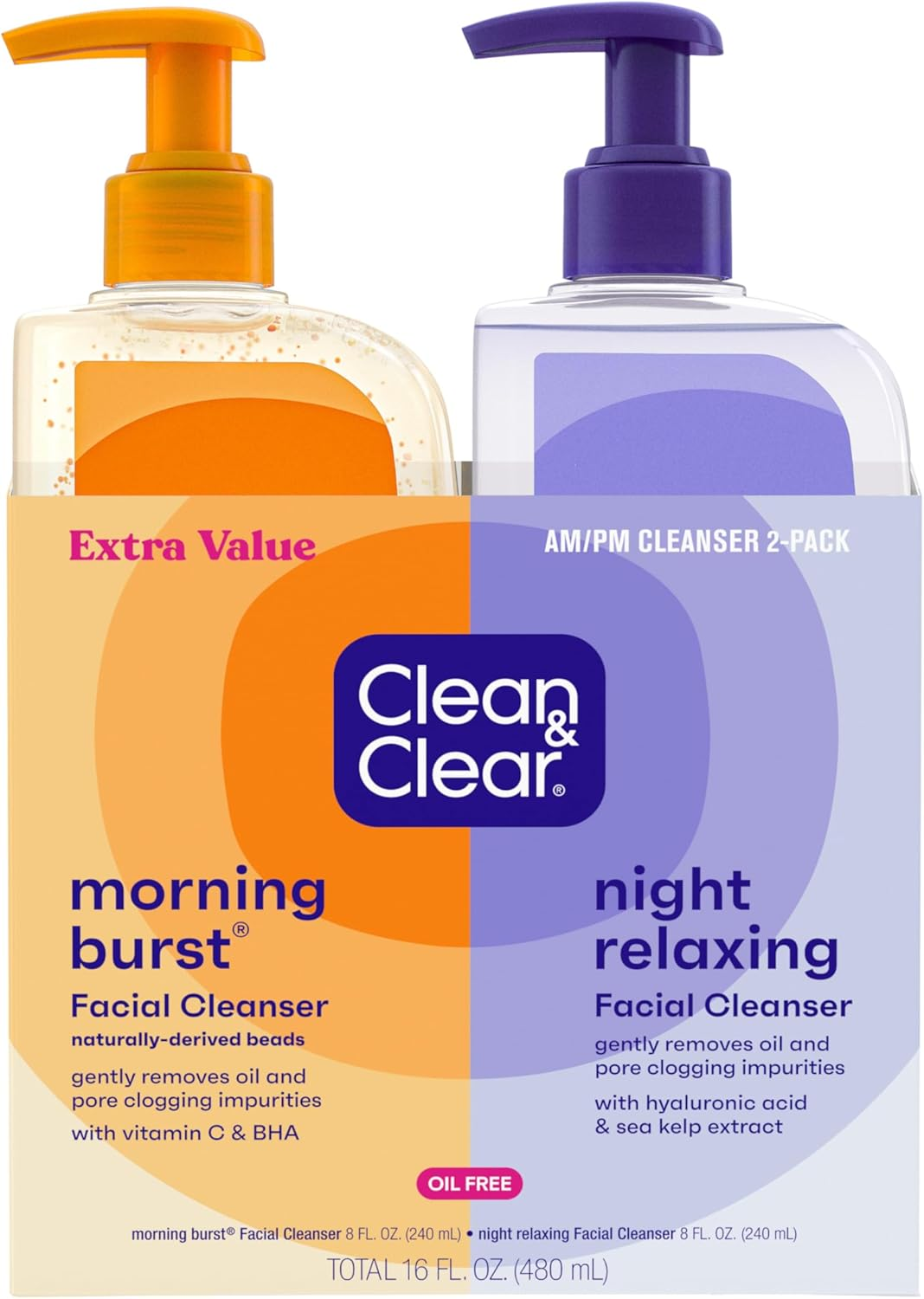Clean & Clear 2-Pack Day and Night Face Cleanser Citrus Morning Burst Facial Cleanser with Vitamin C and Cucumber, Relaxing Night Facial Cleanser with Sea Minerals, Oil Free & Hypoallergenic Face Wash
