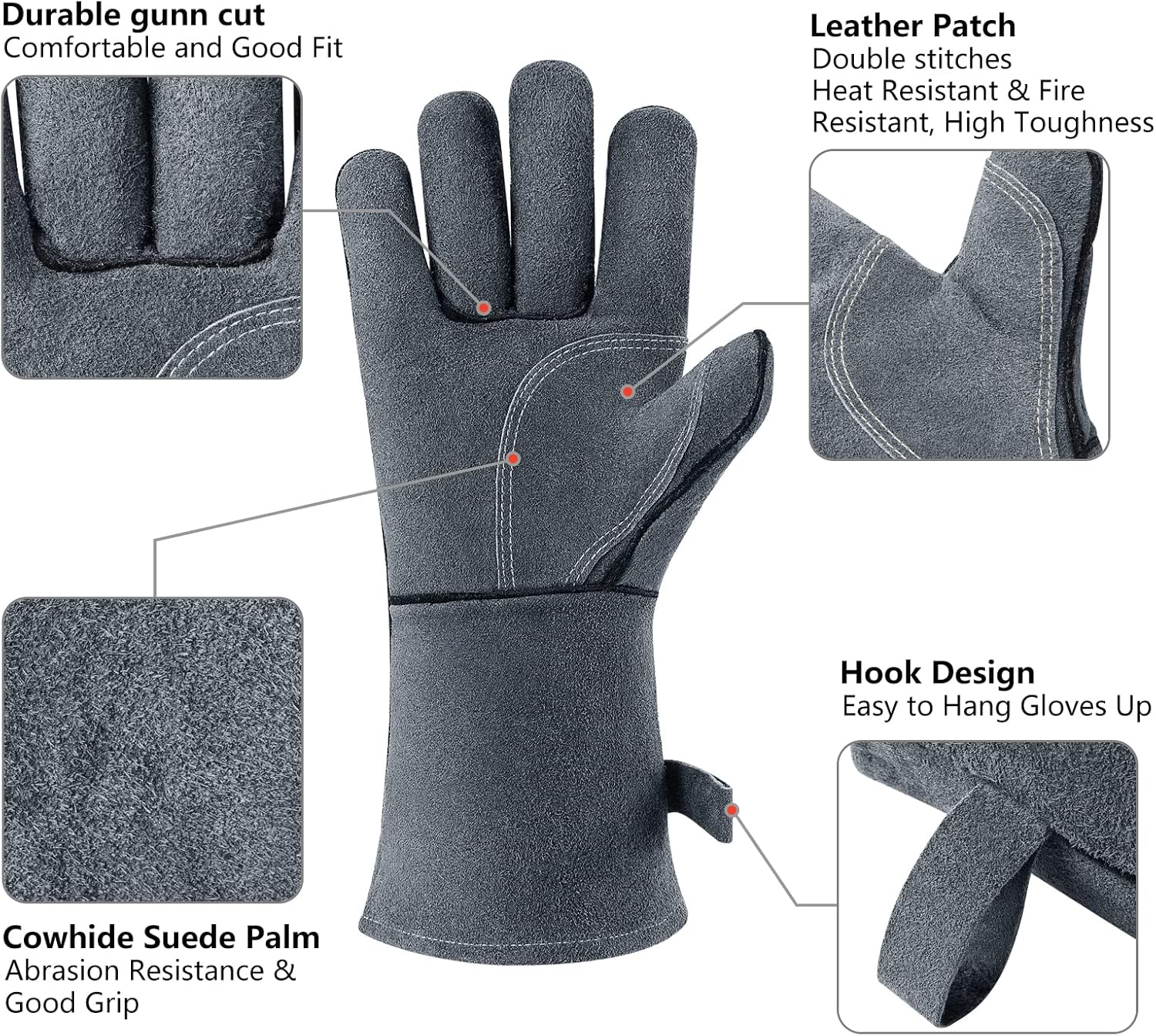 OZERO 932&deg;F Heat Resistant Forge Welding Gloves: 16 Inches Cowhide Leather Long Sleeve & Insulated Lining Grill Gloves for Barbecue/Tig Welder/Oven/Fireplace/Wood Stove/Animal Handling image number 3