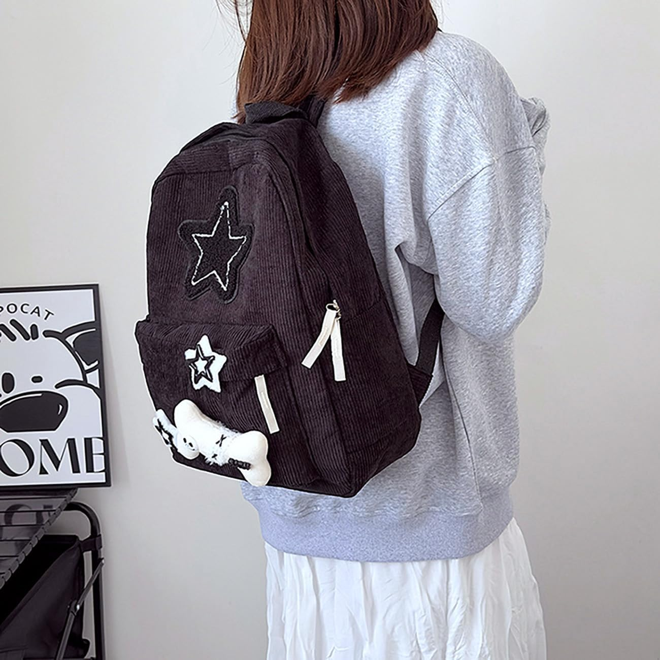 YWOIHL Y2K Star Backpack Kawaii Corduroy Aesthetic Bag Teen Girls Cute Daypack Japanese Fluffy Bookbag - White image number 7