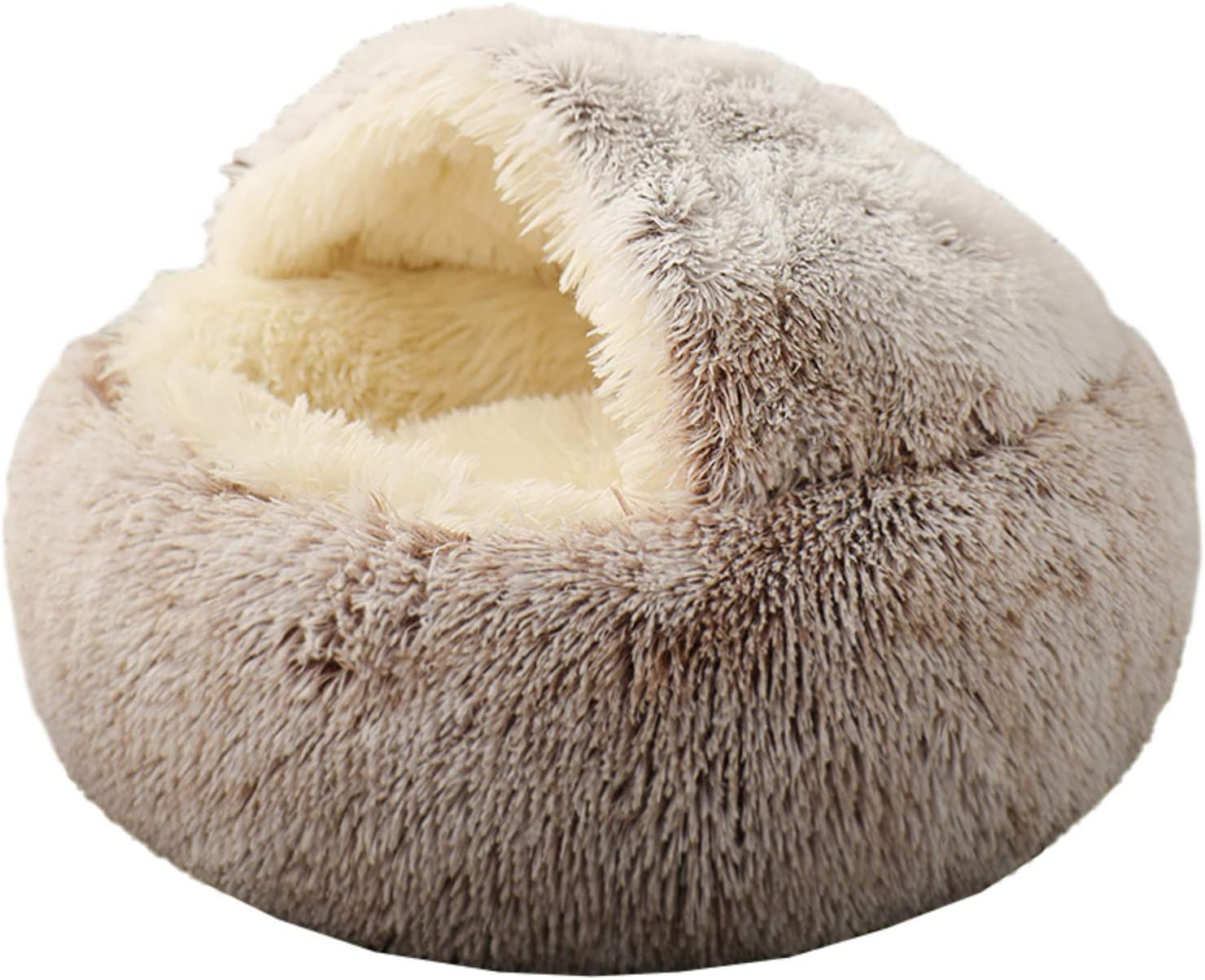 KWEWIK Cat Bed round Soft Plush Burrowing Cave Hooded Cat Bed Donut for Dogs & Cats, Faux Fur Cuddler round Comfortable Self Warming Pet Bed, Machine Washable, Waterproof Bottom, Small, Pink