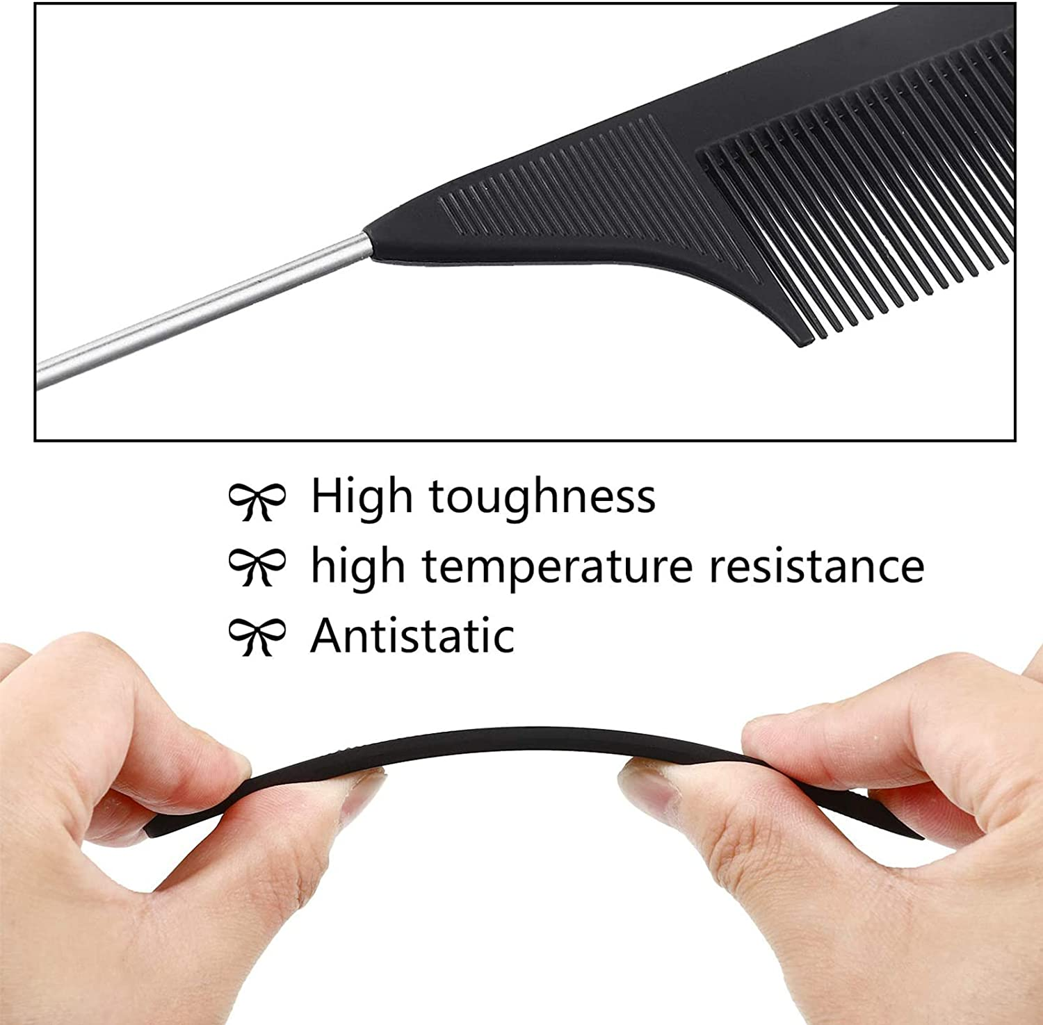 3 PCS Black Tail Combs,Carbon Fiber Stainless Steel Pintail Comb and Heat Resistant Teasing Comb,Metal Parting Combs for Hair Styling Barber Salon Hairdressing Tools image number 3