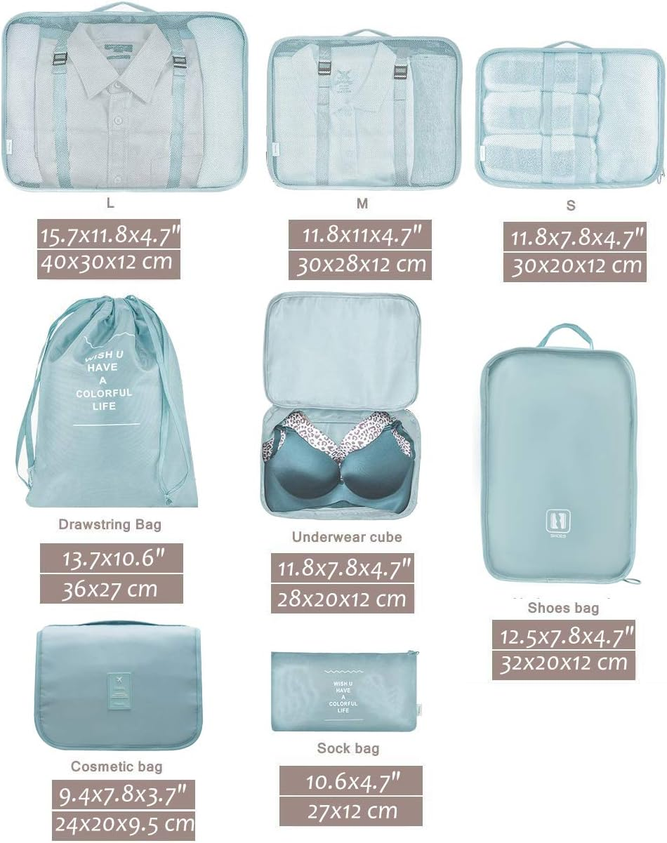 Belsmi Travel Garment Bags Set of 8 Travel Bag in Suitcase Travel Luggage Organiser Compression Bags Suitcase Organiser with Shoe Bag (Style B - Blue) - 8Pcs Pink image number 3