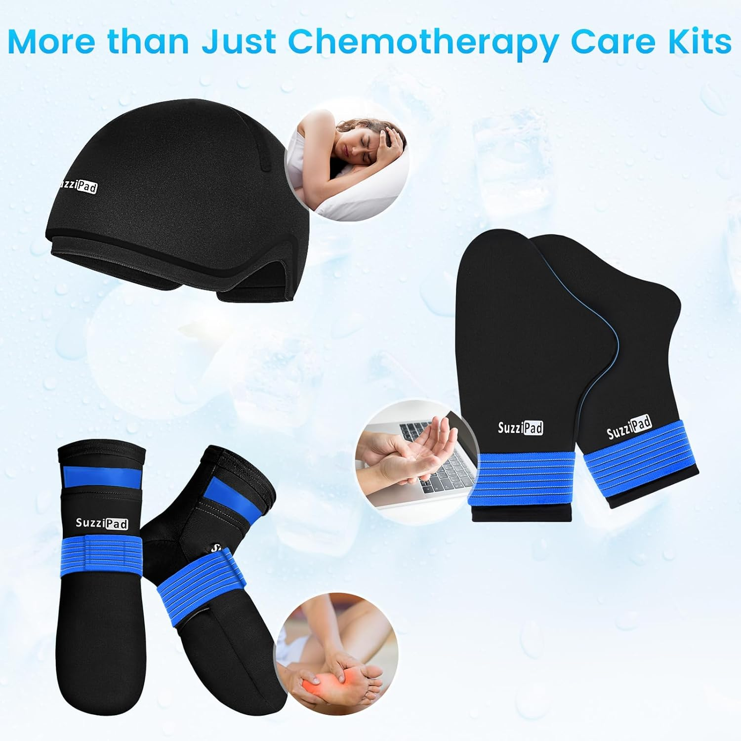 Suzzipad Chemo Care Kit, Cold Therapy Socks & Cold Gloves for Chemotherapy Neuropathy, Migraine Headache Relief Cap, Cancer Patients Must Have for Neuropathy Pain Relief, S/M image number 3