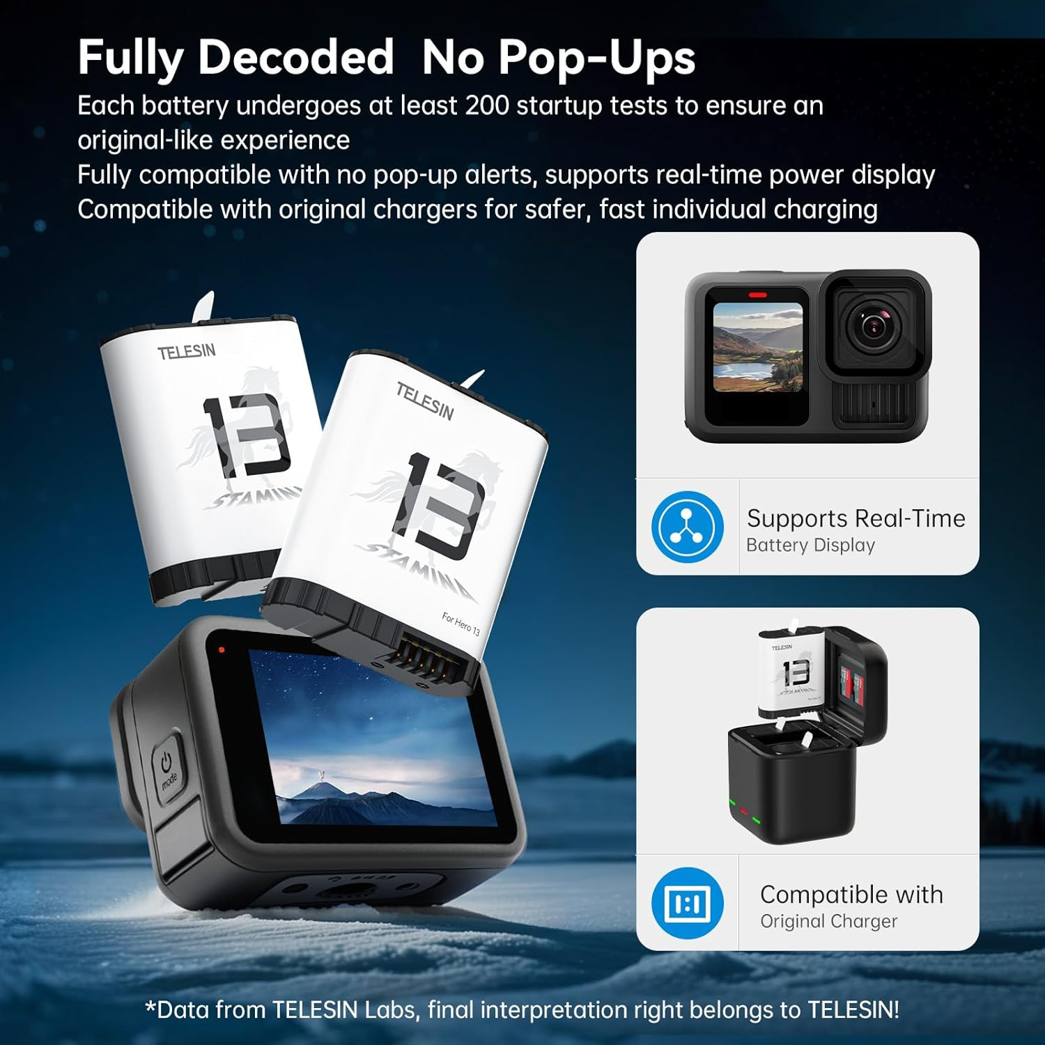 TELESIN Enduro Battery Kit for Go Pro 13(1*Battery Charger+2*Battery), Long-Lasting Large Capacity like Original Enduro Batteries Support Fast Charging for Go Pro Hero 13 Action Camera Accessories - 1*Battery Charger+2*Battery image number 4