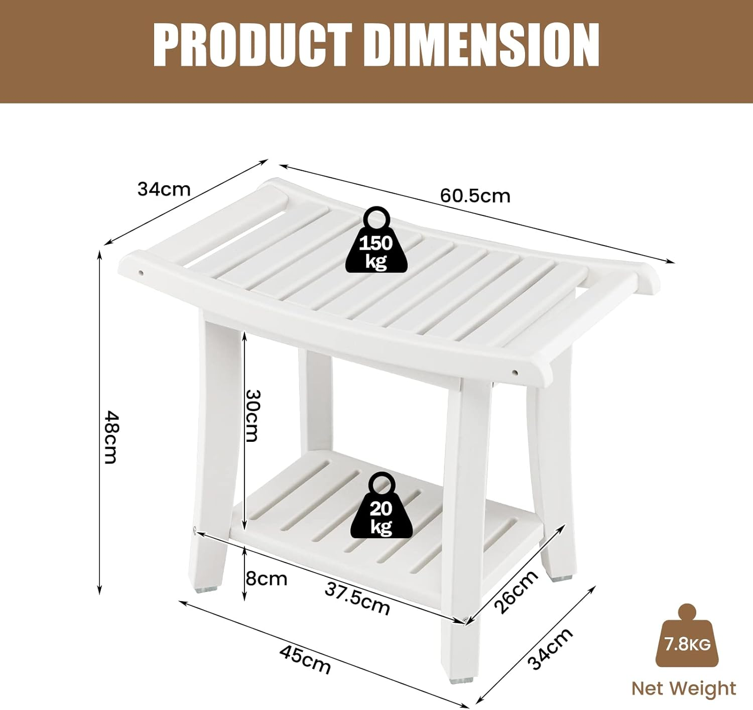 Costway 2-Tier Shower Bench, HDPE Spa Bath Shower Stool with Curved Seat, 2 Easy-To-Grip Handles, Storage Shelf & Non-Slip Foot Pads, Waterproof Shaving Stool for Bathroom, Living Room image number 6