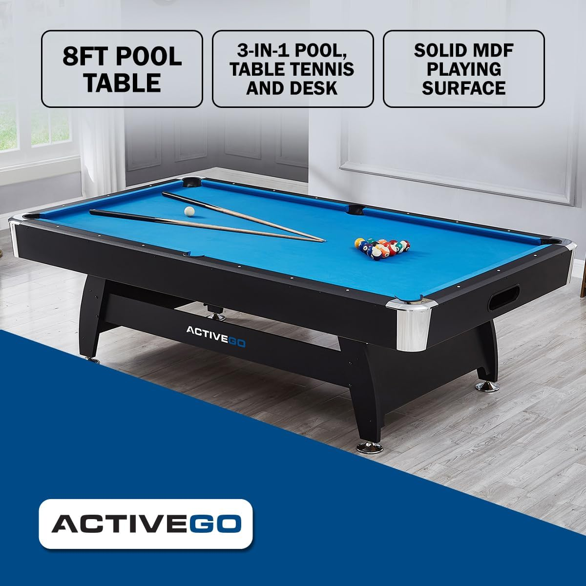 Activego Breakshot 8Ft Pool Table with 3-In-1 Pool, Tennis Table & Desk with Solid MDF Playing Surface & All Accessories Included image number 5
