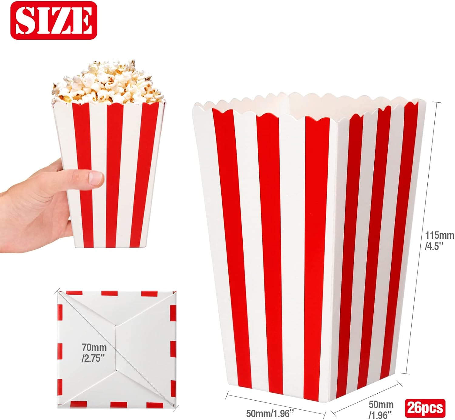 JOYSKY 26 Pcs Popcorn Boxes Red Small Candy Container Popcorn Bags Candy Boxes Paper Popcorn Bags Cardboard Red White Snack Boxes for Party Snacks Candies Popcorn Gift Bags Christmas (26) image number 1