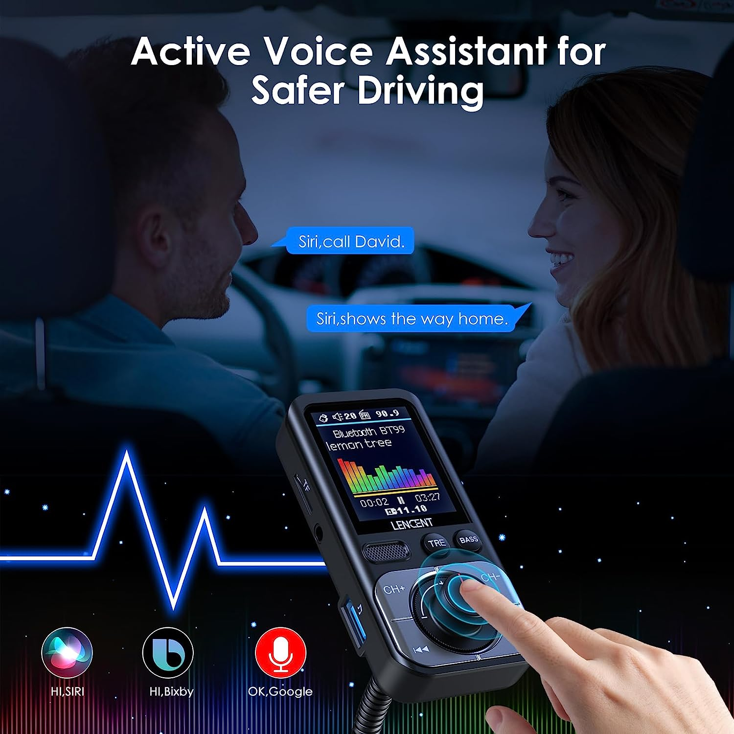 LENCENT Bluetooth 5.0 FM Transmitter with Big Color Screen, Hifi Music Treble&Bass Booster, QC3.0 Fast Charger, AUX Car Radio Adapter, Wireless Microphone Support Hands-Free Siri TF Card image number 2