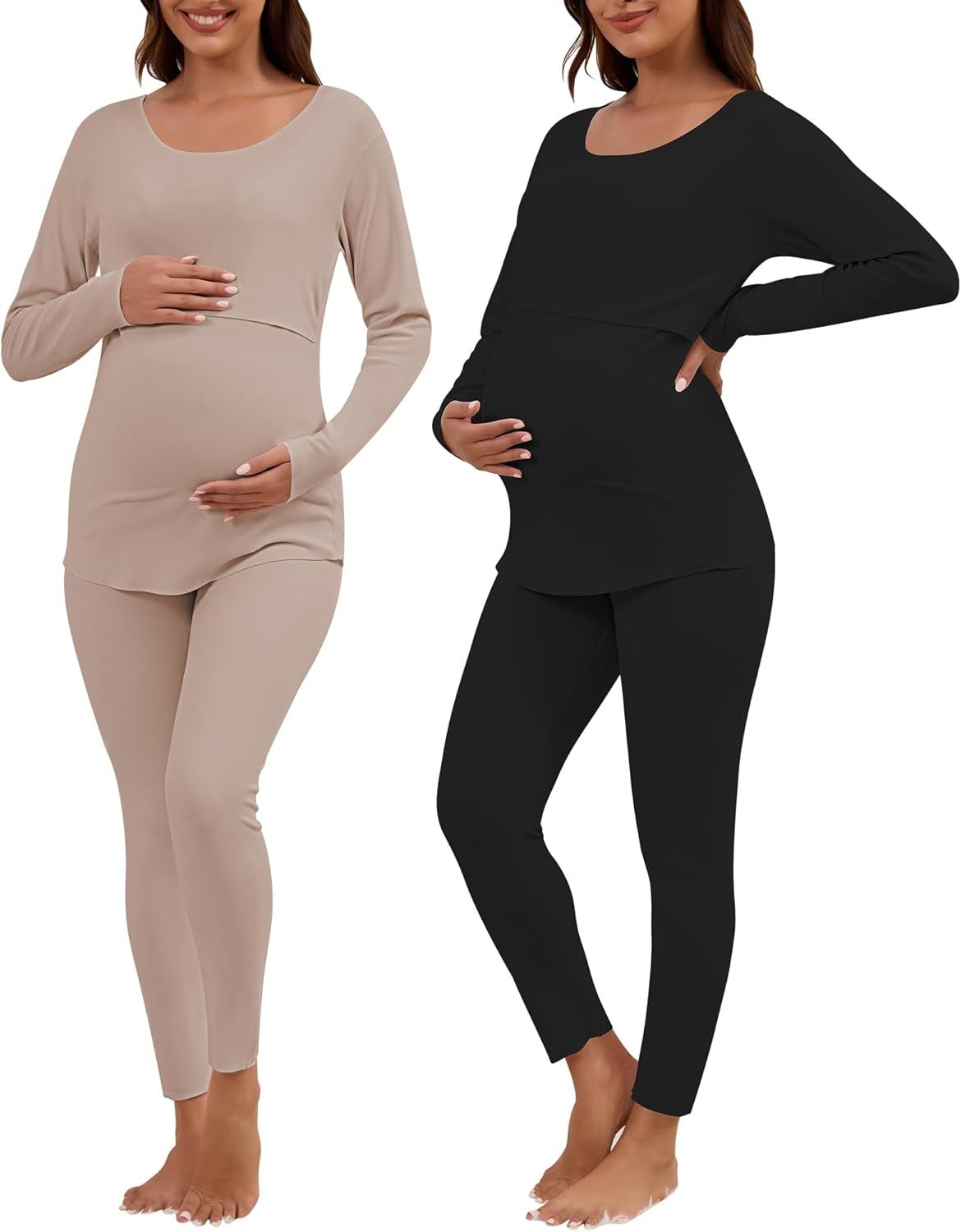 Patelai 2 Pack Thermal Nursing Underwear for Women Maternity Pajama Set Breastfeeding Sleepwear Fleece Lined Pregnancy Set