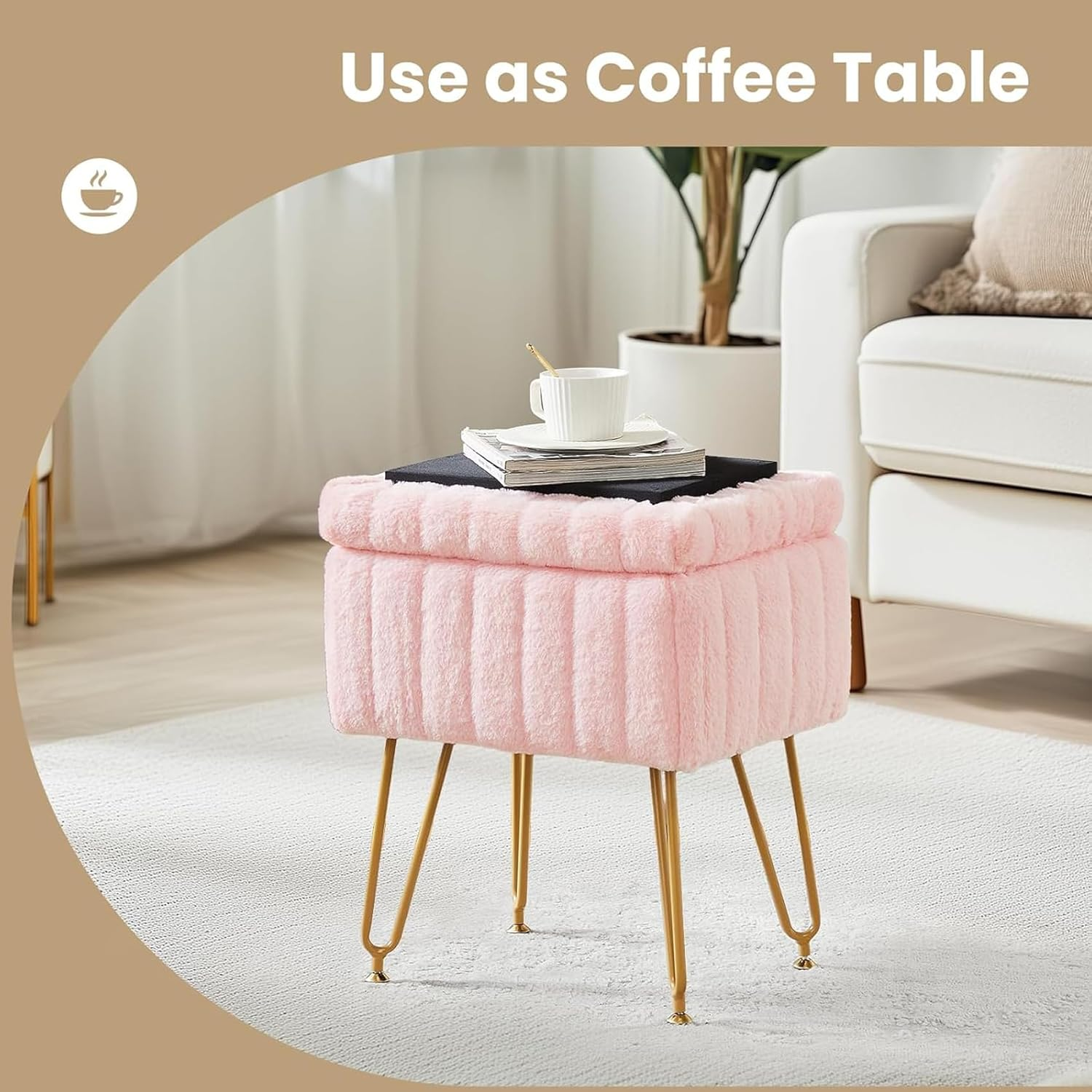 Pink Vanity Stool Chair, Faux Fur with Storage Vanity Stool with 4 Metal Legs, Modern Vanity Chair for Makeup Room and Bedroom, 40 * 30 * 50Cm image number 4