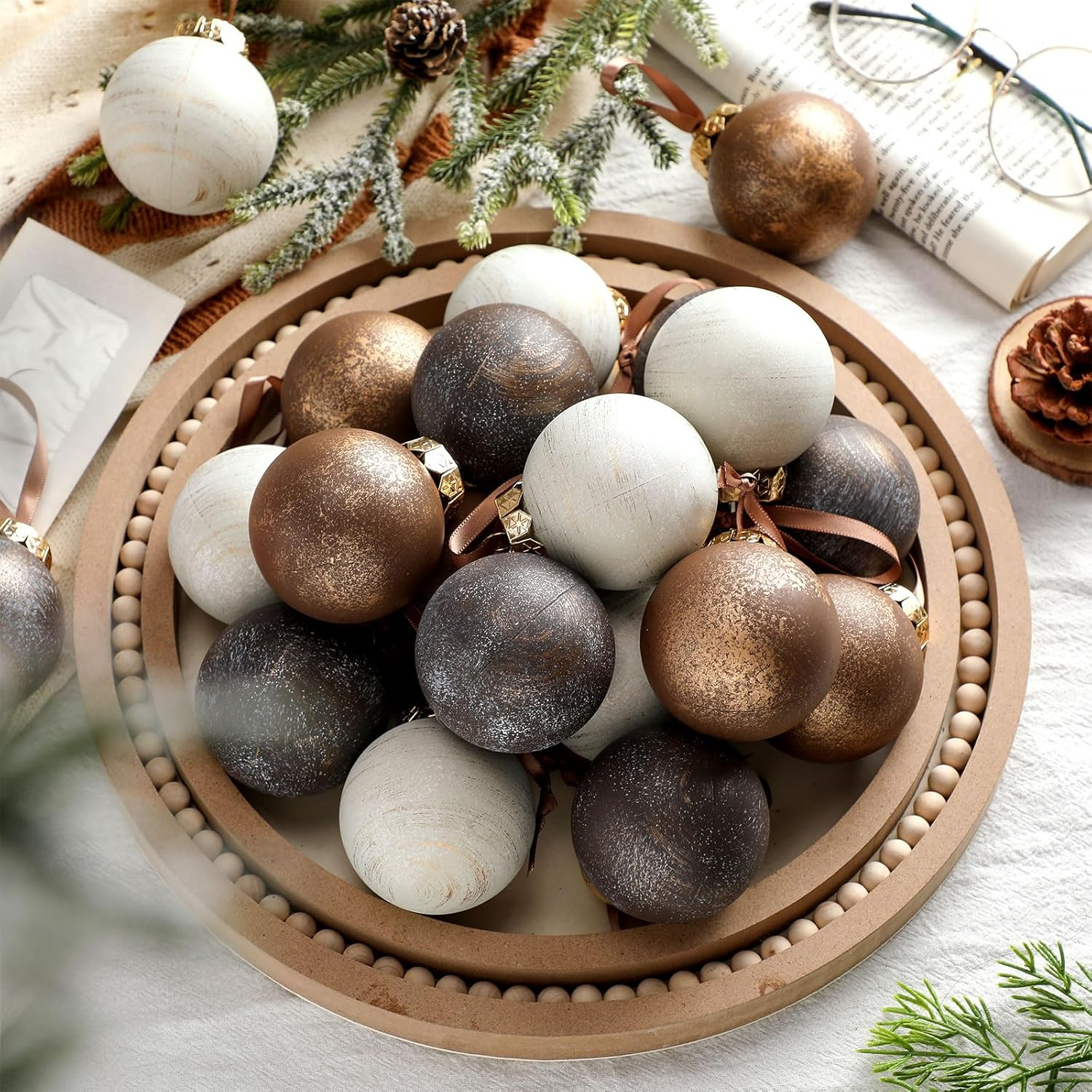 Yunlly 24 Pcs Textured Christmas Ball Ornaments 2.36'' Neutral Christmas Tree Decor Vintage Rustic Hanging Decor Shatterproof Home Ornaments for Xmas Winter Farmhouse Decoration (Vintage Copper) - 12, Dark Color image number 3